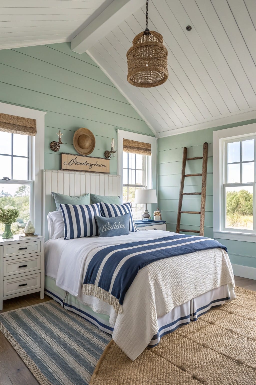 Bedroom with pale seafoam green shiplap walls, white paneled ceiling, king bed with navy striped bedding, wood ladder against wall, and coastal accents like rattan lamp and hat.