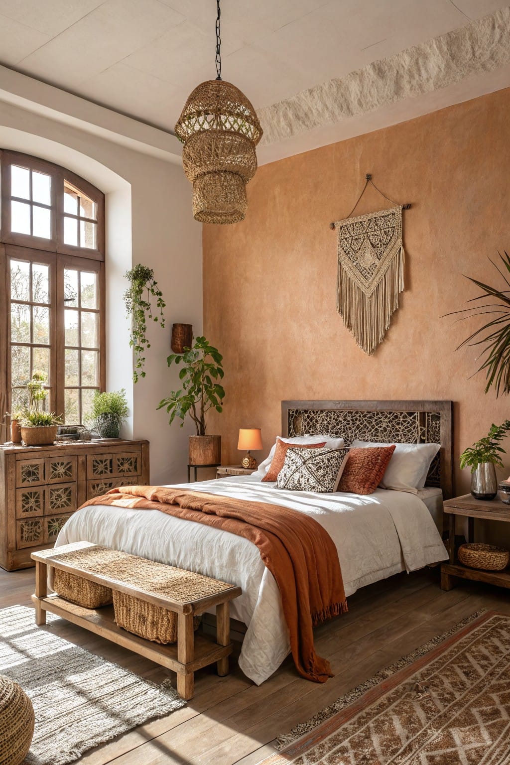 Cozy bedroom featuring earthy tones, woven decor, plants, and patterned textiles.