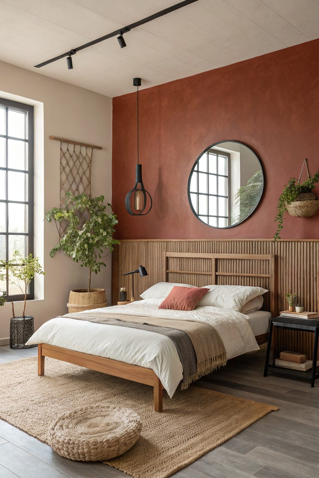 Cozy bedroom featuring a textured terracotta accent wall with wooden slat headboard, neutral bedding, potted plants, and jute rug on gray floors