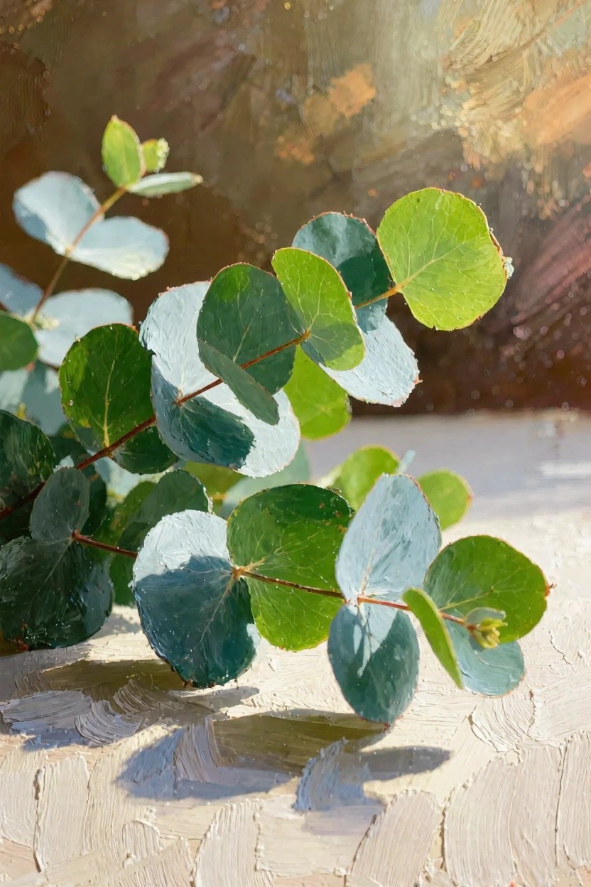 Oil painting of eucalyptus branches with overlapping round silvery-green leaves and red stems on a textured light surface, backlit by warm golden light.
