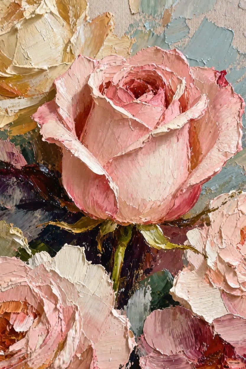 Oil painting of a cluster of pink and peach roses with thick impasto texture on petals and dark background.