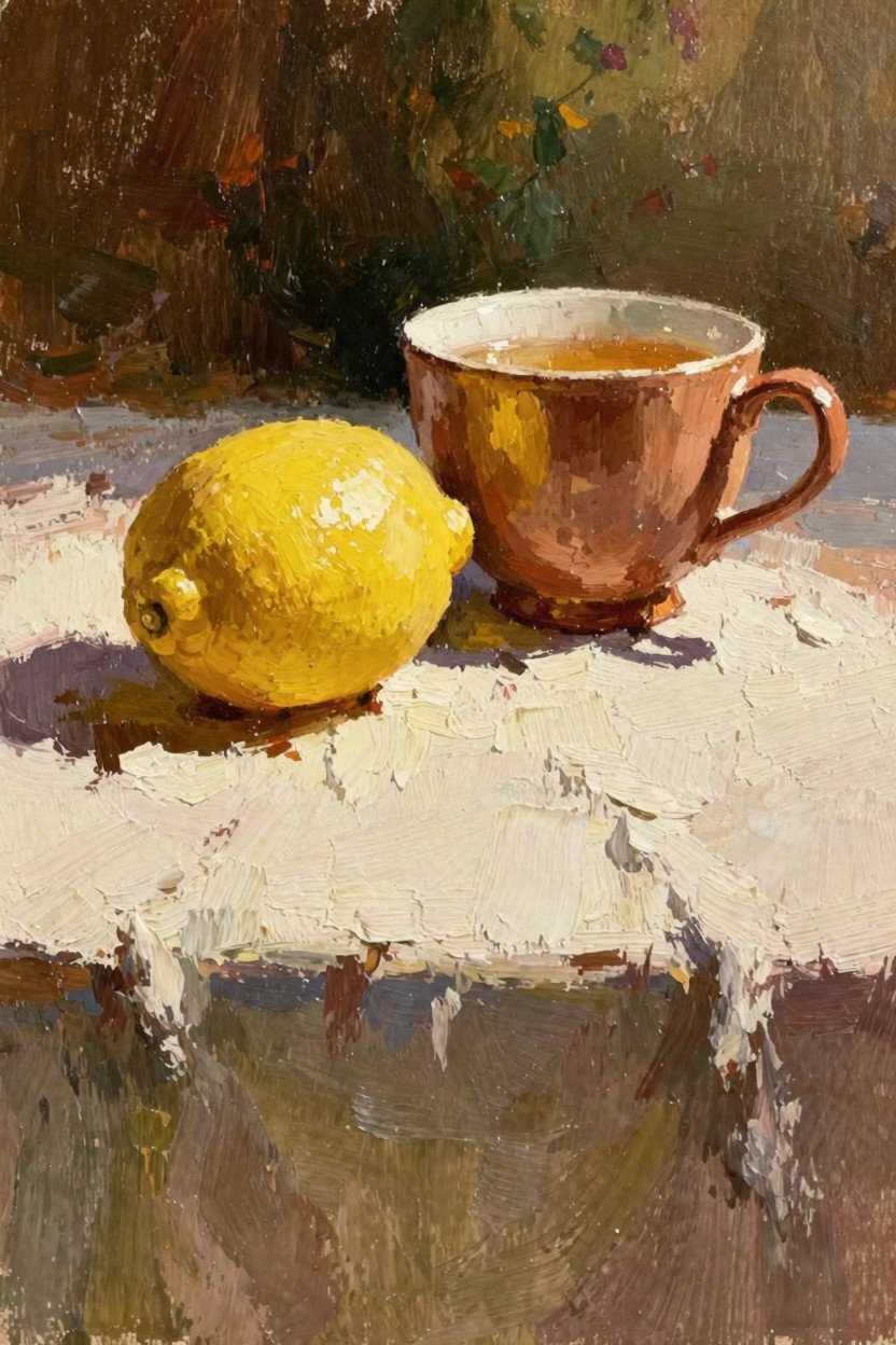 Oil painting of a yellow lemon next to a terracotta cup of tea on white cloth with green foliage background.