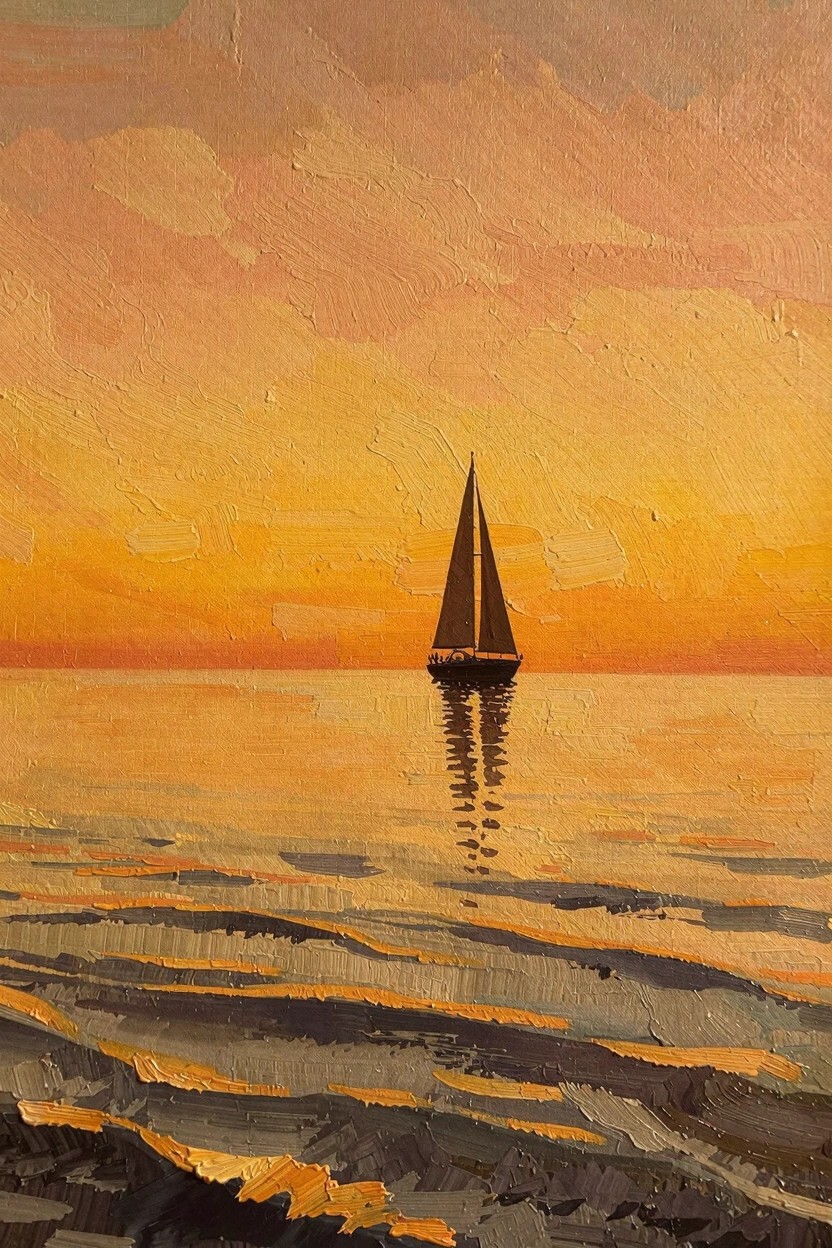 Oil painting of a dark sailboat on orange sunset waters with its reflection and textured waves.