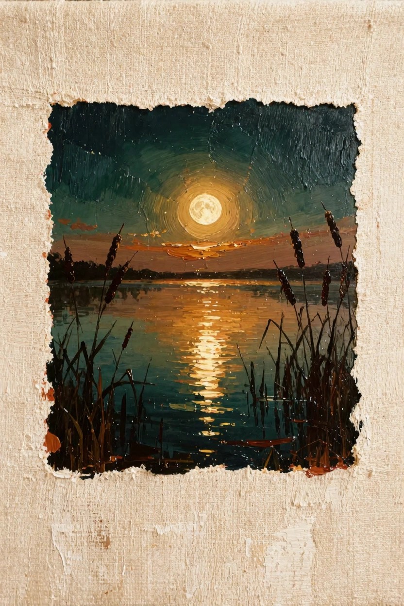Oil painting depicts a bright full moon rising above a reflective lake at dusk, framed by dark reeds in the foreground with an orange sunset sky.