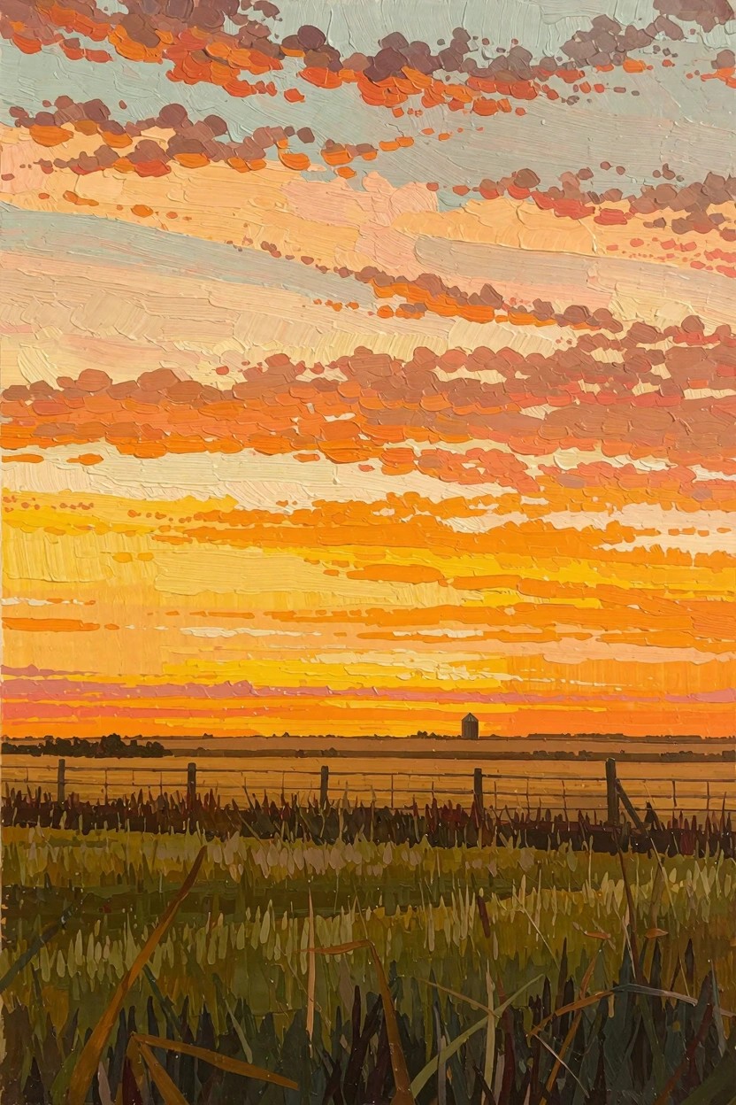 Oil painting depicting a vibrant orange and yellow sunset sky over prairie fields with tall grasses in the foreground, a wire fence, and a distant grain silo.