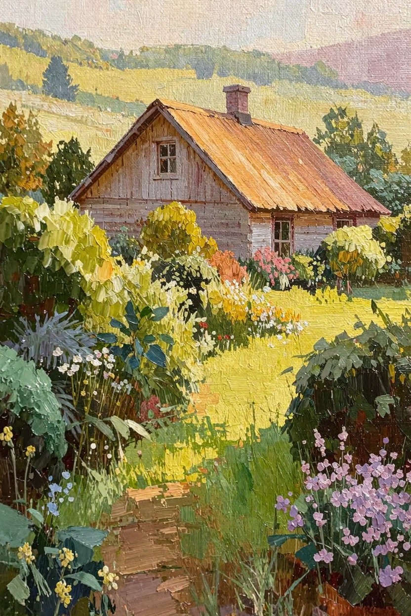 Oil painting of a rustic wooden cottage with orange roof amid colorful dense garden flowers and plants, with rolling yellow hills in the background.