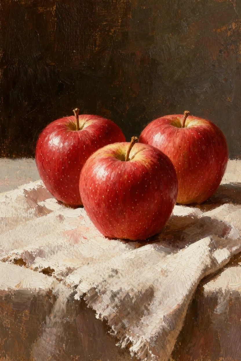 Oil painting of three red apples with stems on a white draped cloth against a dark background.