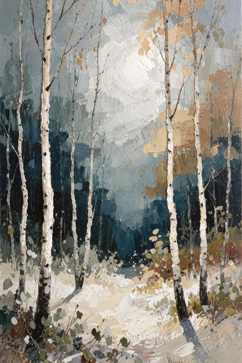 Oil painting of birch trees along a snowy path in a forest with blue-gray background, autumn leaves, and diffused light.