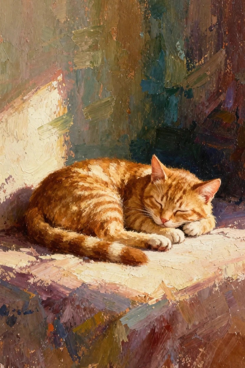 Oil painting of an orange tabby kitten sleeping curled up on a sunlit ledge with textured green and blue background.