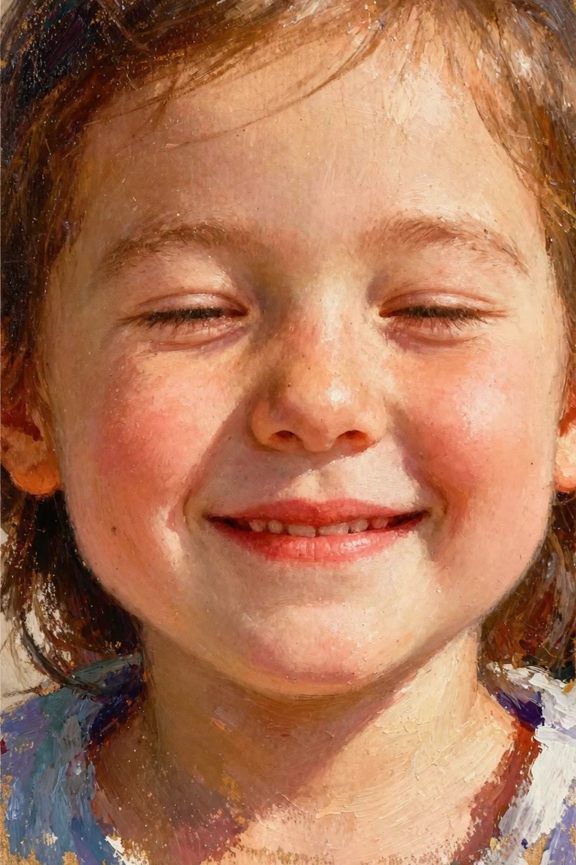 Realistic oil portrait of a young girl's face smiling with eyes closed in sunlight, showing freckles, rosy cheeks, and textured hair.