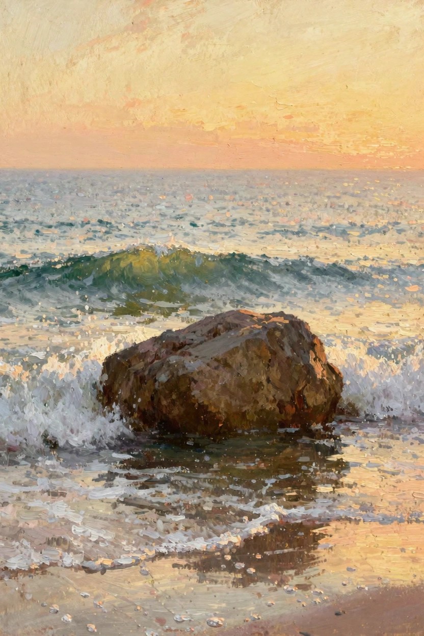 Oil painting of waves crashing on a large foreground rock at sunset with orange sky over the ocean and wet beach.
