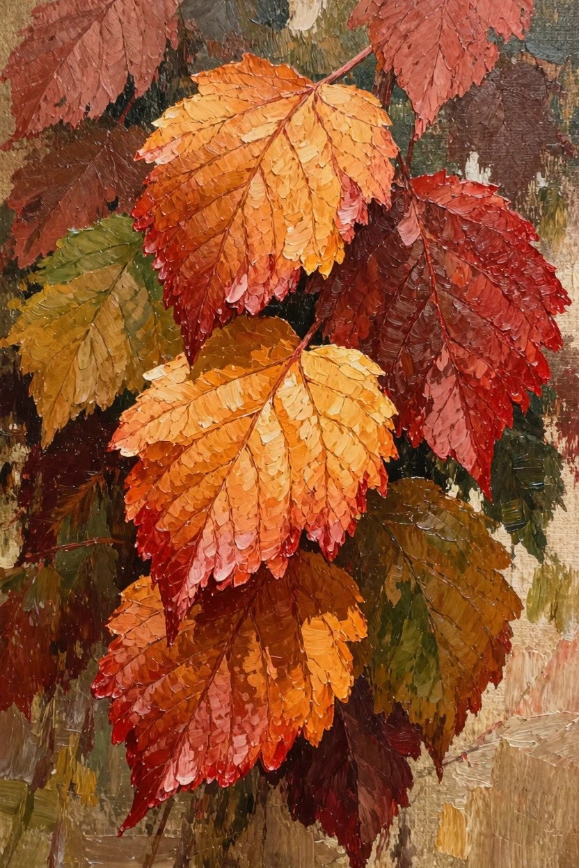 Oil painting of clustered vine leaves in autumn colors with prominent red, orange, and yellow tones and thick textured brushstrokes on a neutral background.