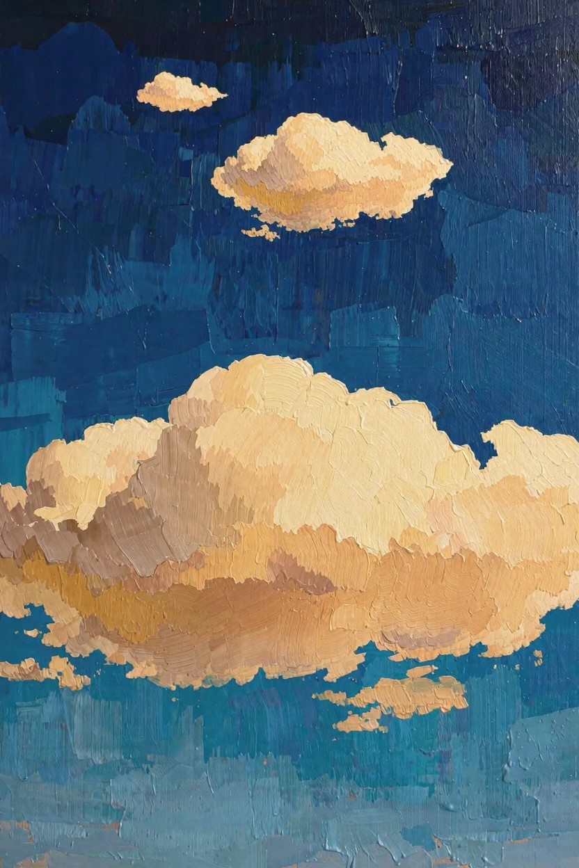 Oil painting of golden fluffy clouds with thick texture against a deep blue sky background.