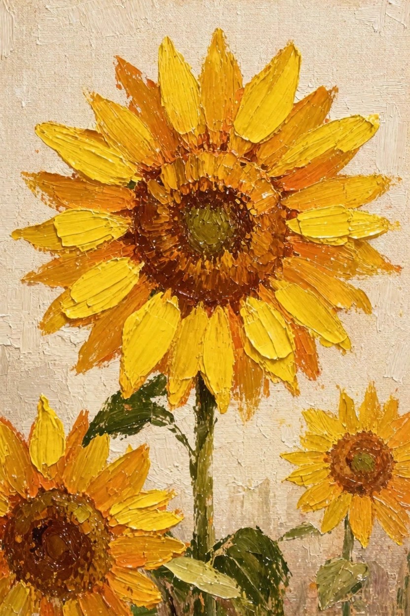 Oil painting of a large central sunflower with textured yellow-orange petals and brown center, flanked by two smaller sunflowers on green stems against a beige background.