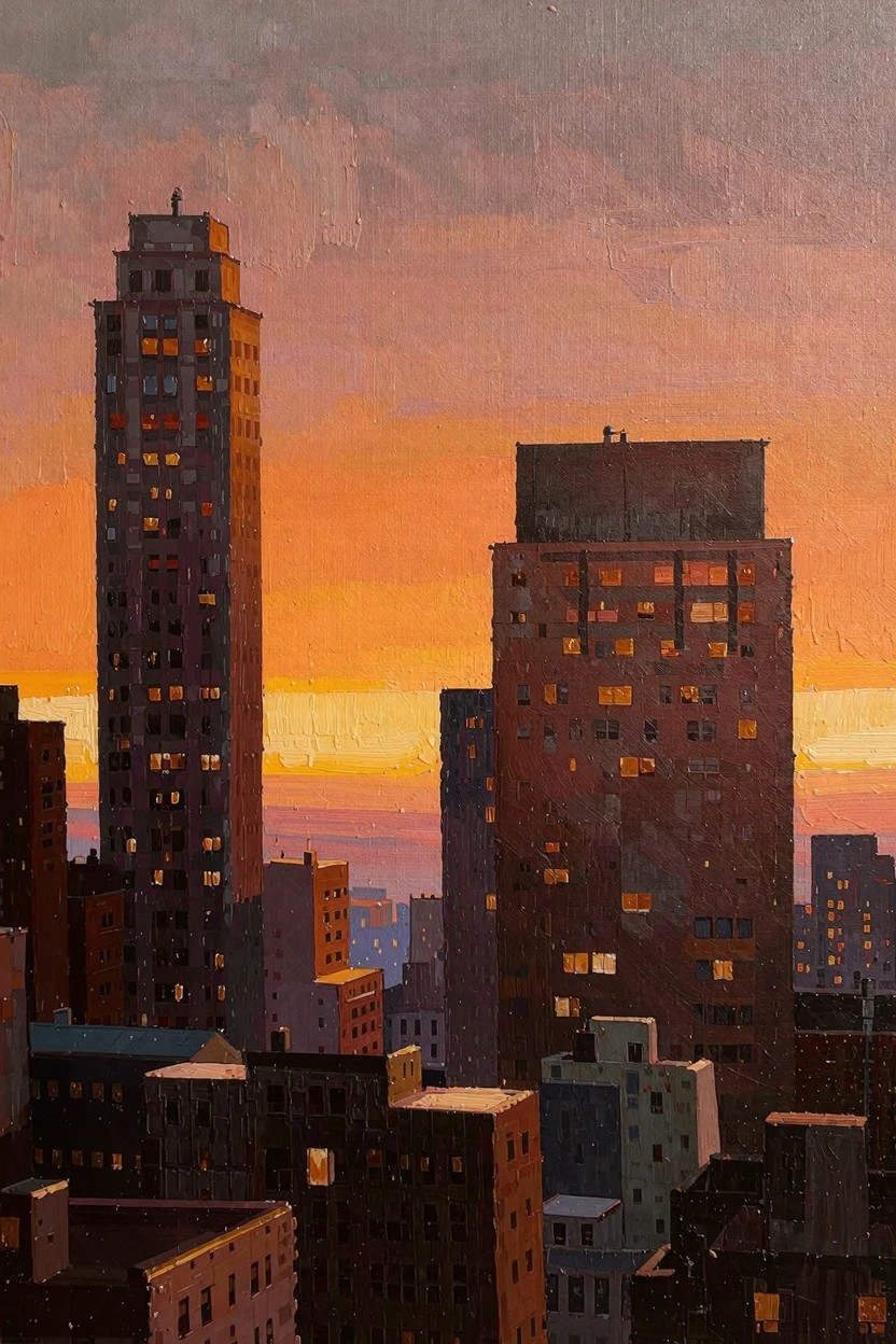 Oil painting of a city skyline with two tall dark towers and smaller buildings silhouetted against a vibrant orange sunset sky, lit windows glowing warmly.