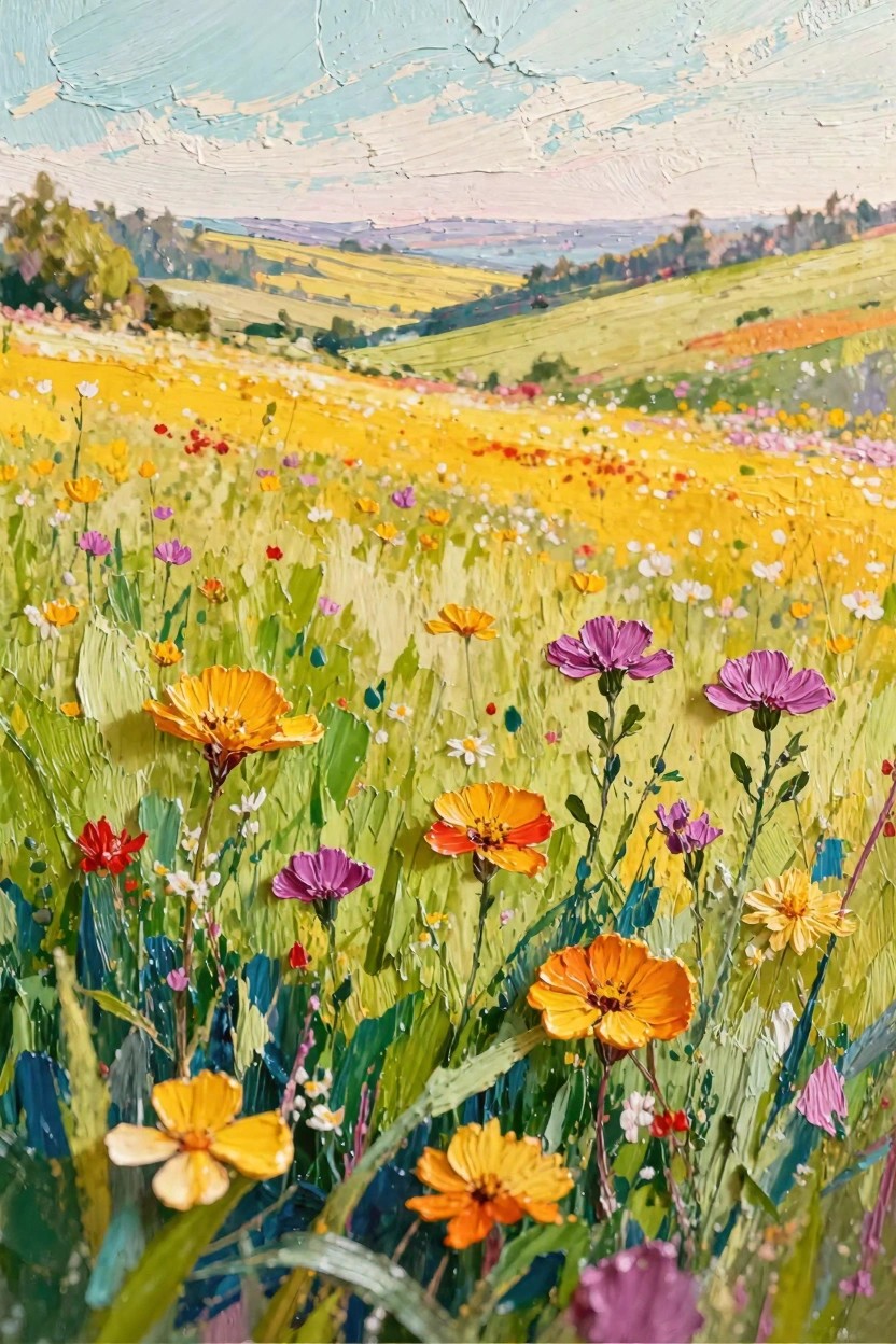 Oil painting of a vibrant wildflower meadow with yellow, orange, and purple flowers in the foreground, rolling green hills, distant trees, and a blue sky.