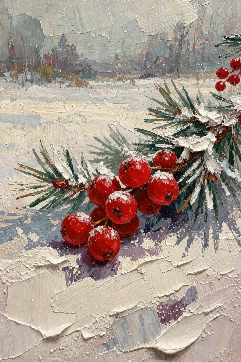 Oil painting of red berries on snow-covered pine branches in front of a snowy landscape with textured brushwork.
