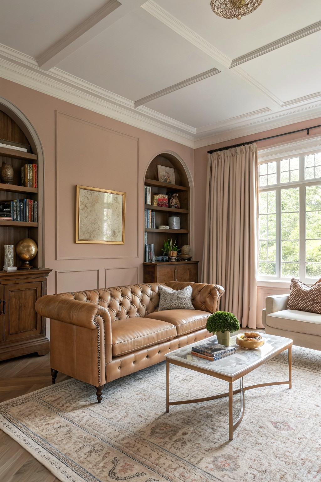 Cozy living room with soft blush pink walls, tufted tan leather Chesterfield sofa, gold-accented glass coffee table, arched bookshelves, and large window with beige drapes