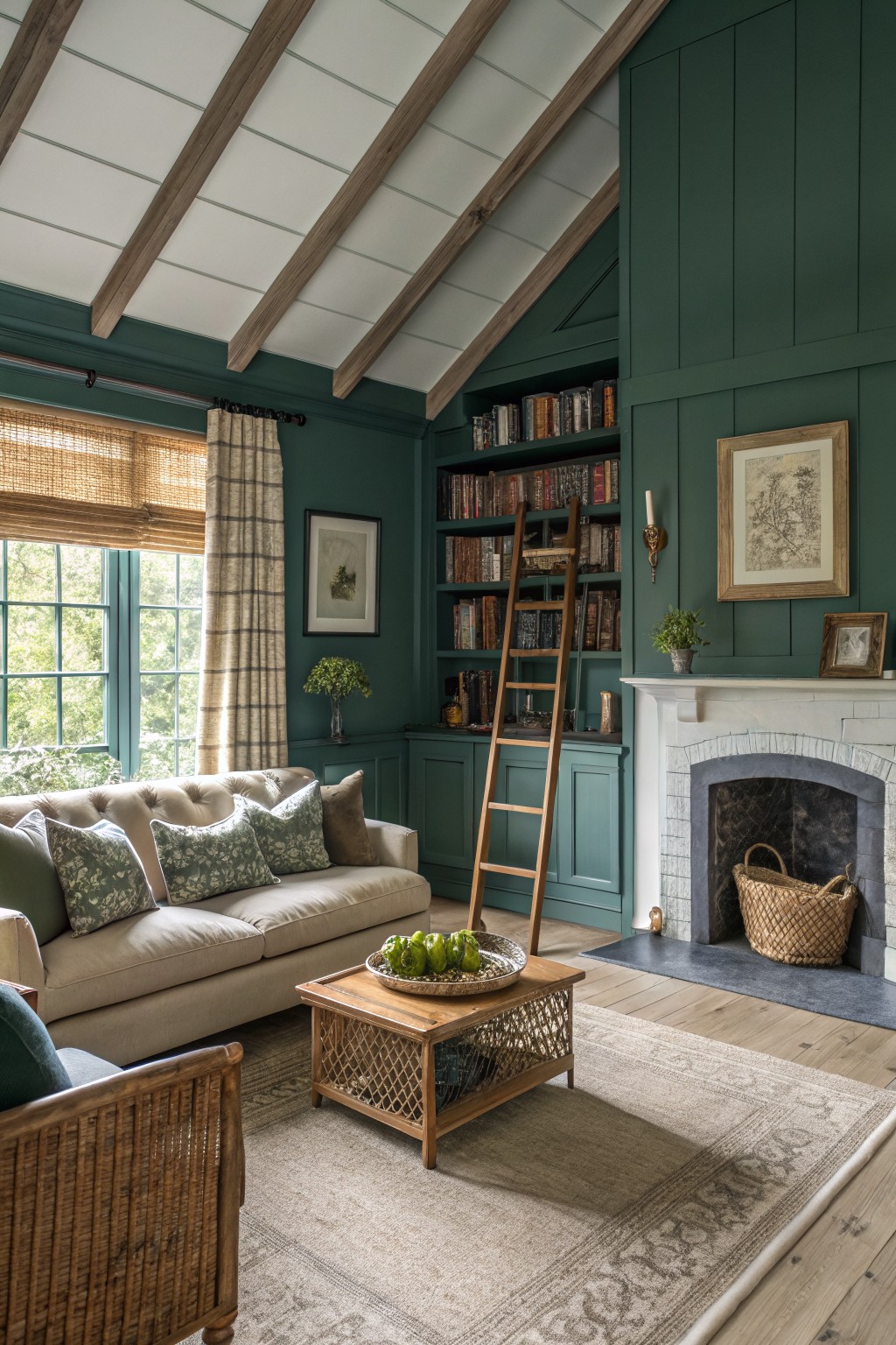 Cozy living room with deep green paneled walls and bookcases, ladder, fireplace, beige sofa, wooden coffee table, and window views