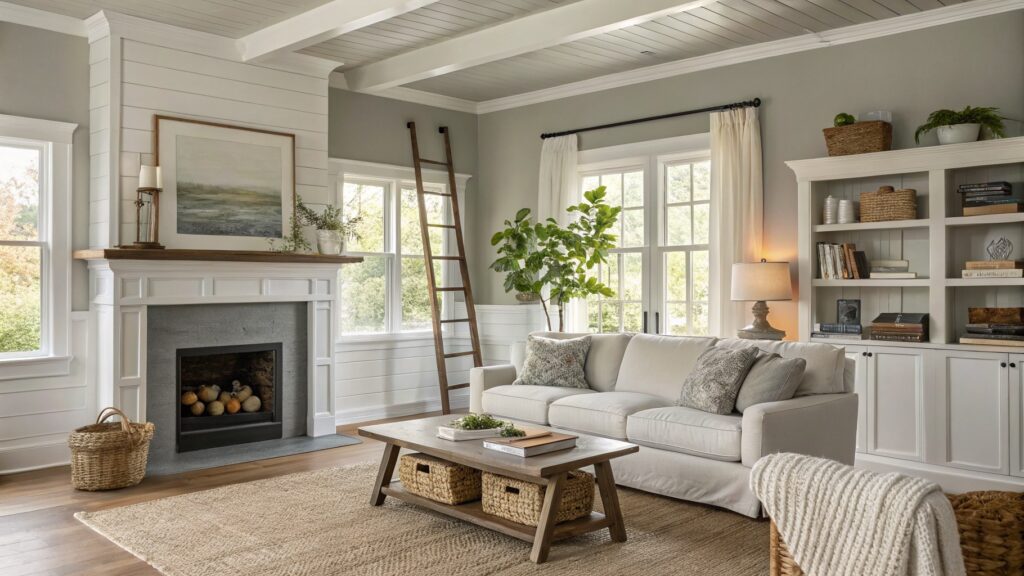 Living room featuring light gray walls, white shiplap built-ins around a slate fireplace, beige sofa with throw pillows, wood coffee table, and jute rug
