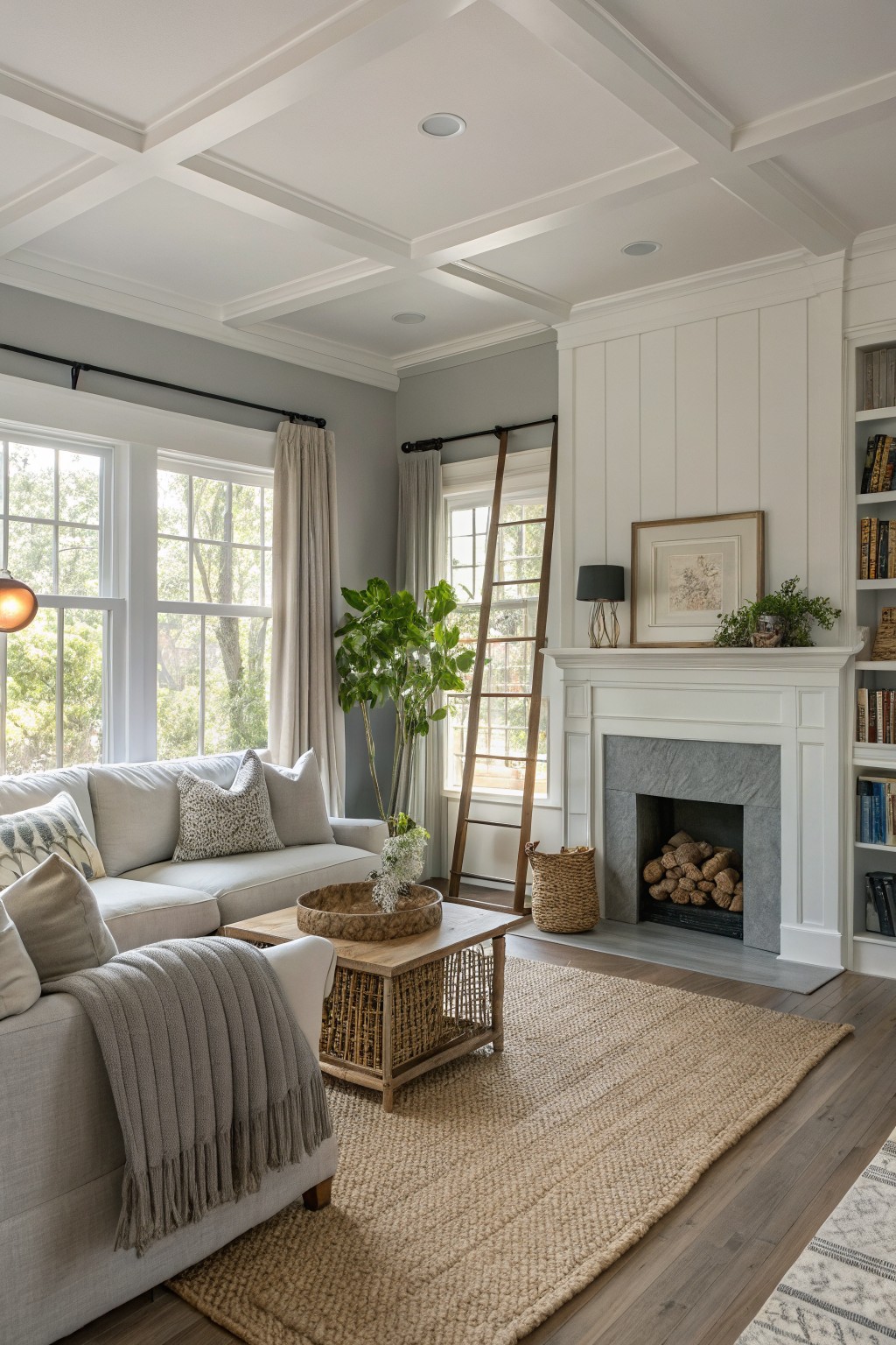 Living room featuring light gray walls, white shiplap built-ins around a slate fireplace, beige sofa with throw pillows, wood coffee table, and jute rug