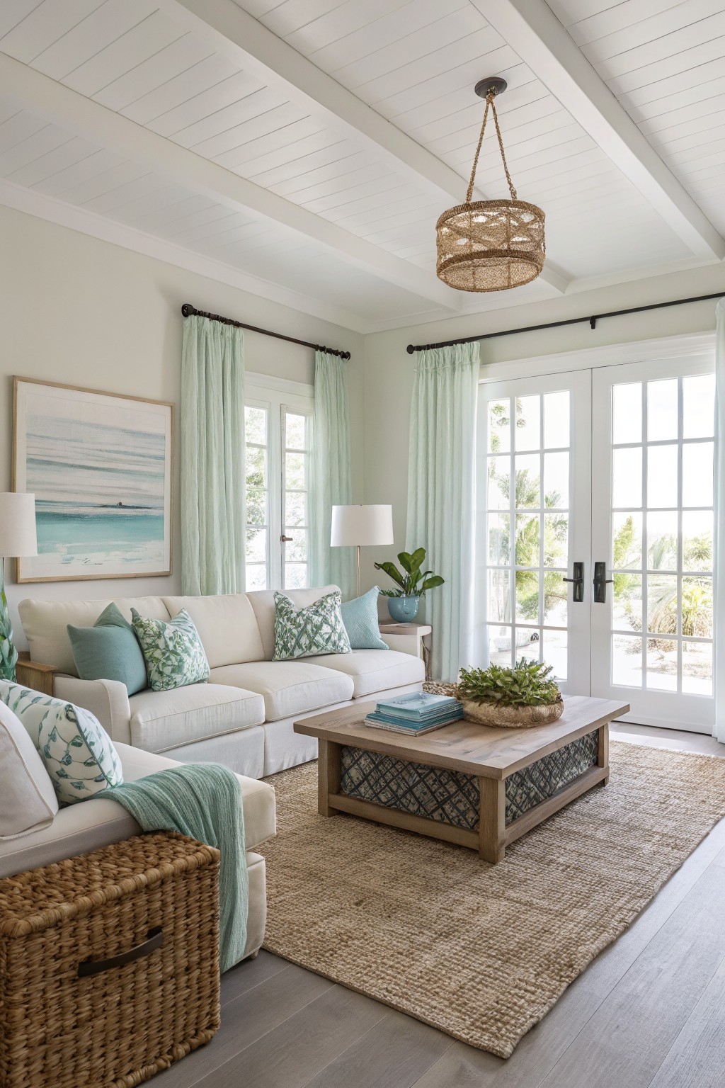 Coastal living room with pale green walls, white shiplap ceiling, cream sofa with green pillows, wood coffee table, and white French doors to outdoors