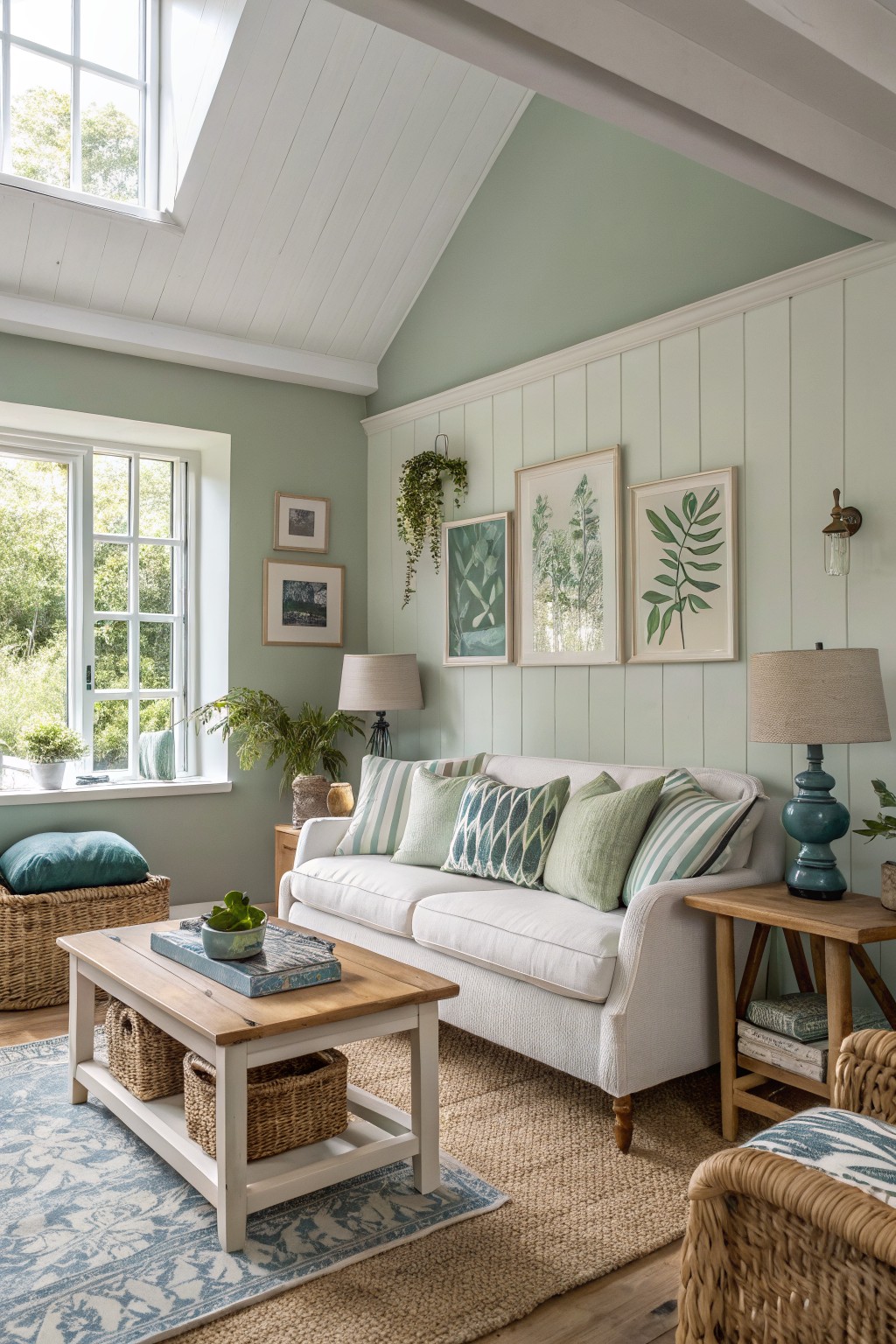 Cozy living room featuring pale sage green walls, a white sofa with green pillows, wooden tables, woven baskets, and potted plants near large windows
