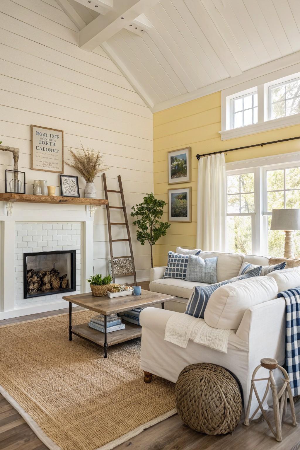 Cozy living room featuring pale yellow accent wall, white shiplap shiplap siding, brick fireplace, white sofas with blue pillows, wooden coffee table, and seagrass rug
