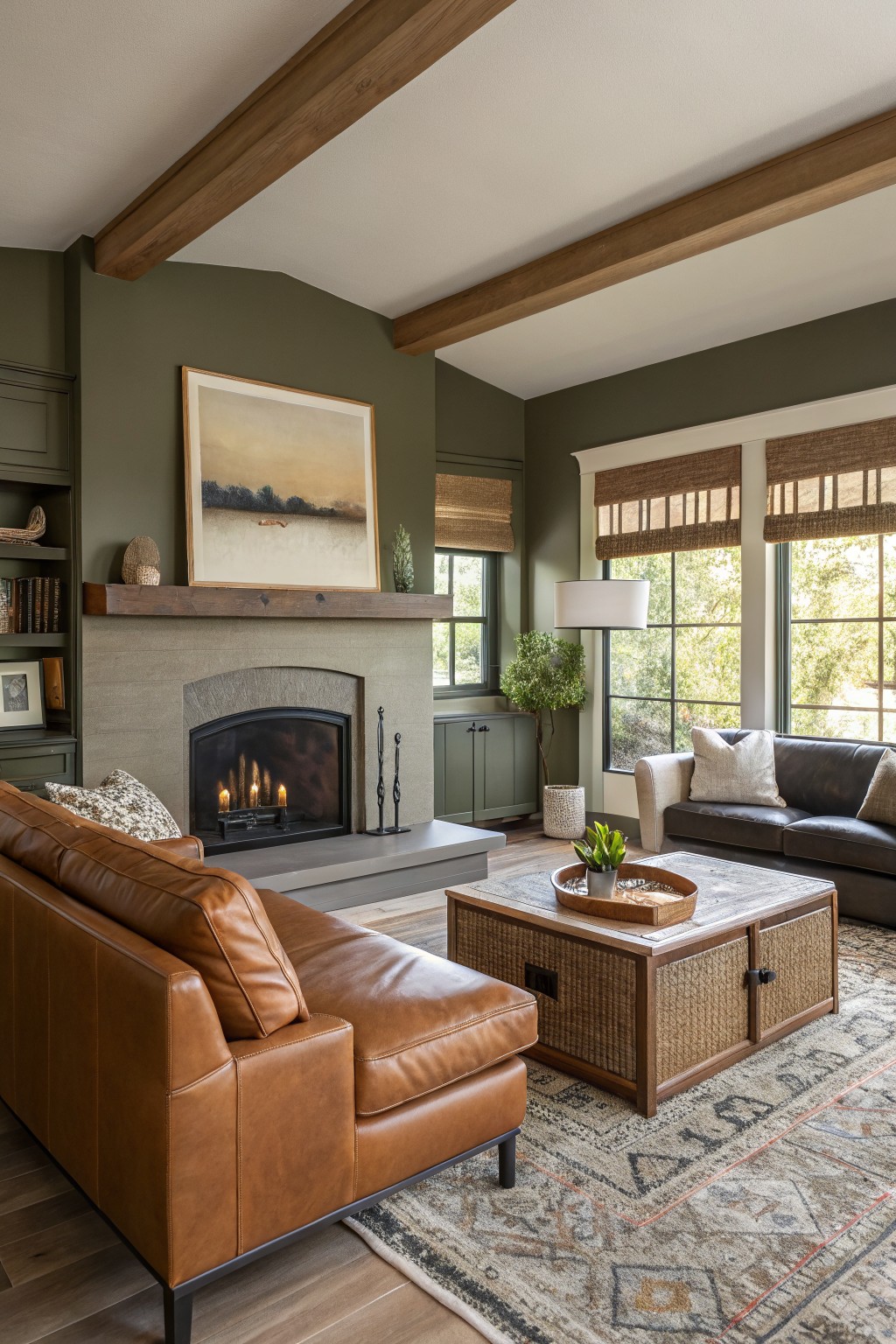 Living room featuring sage green walls, exposed wood beams, arched stone fireplace, tan leather sofa, rattan coffee table, and large windows with bamboo shades