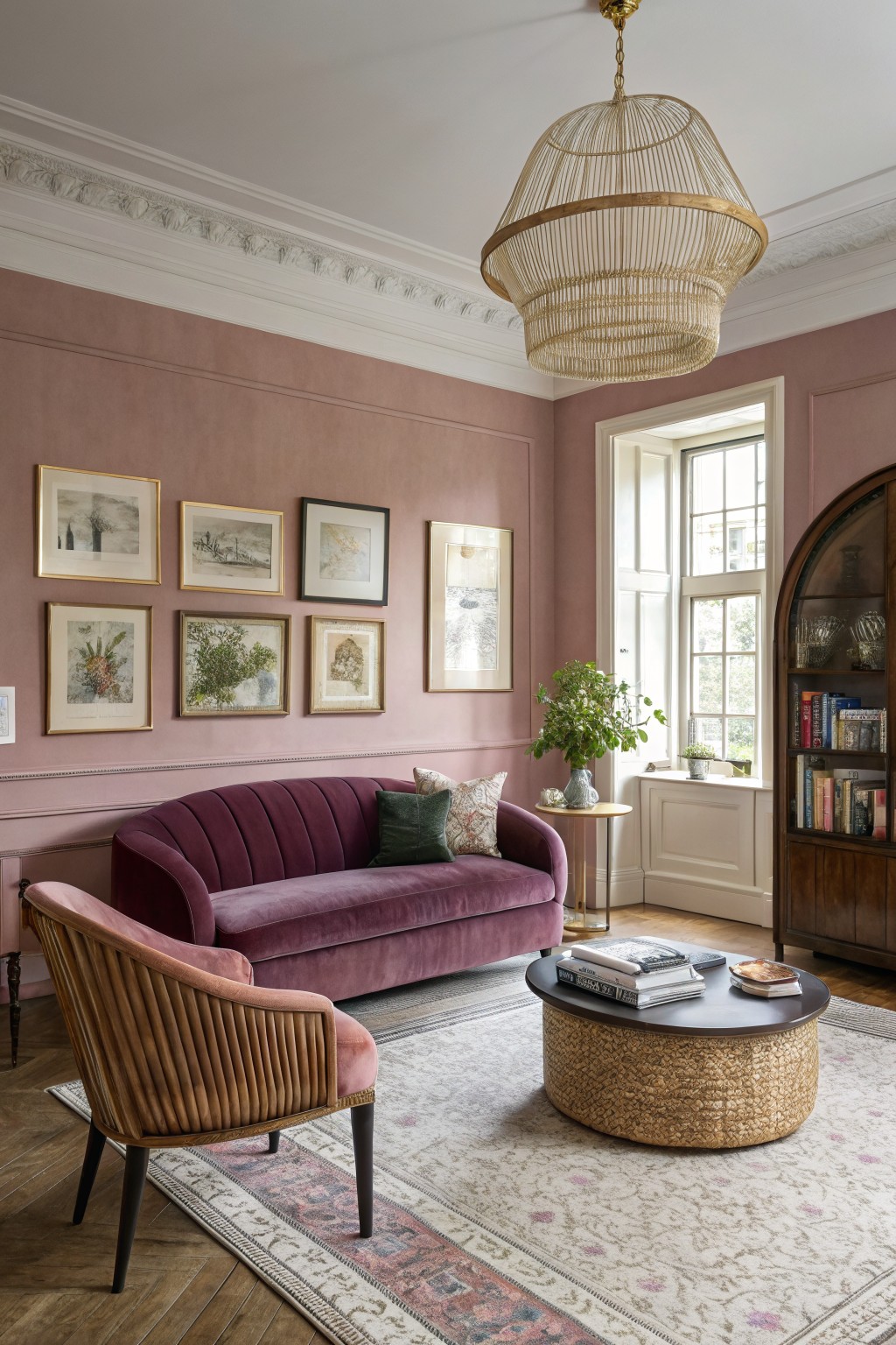 Cozy living room with blush pink paneled walls, purple velvet sofa, woven coffee table, and tall windows letting in light