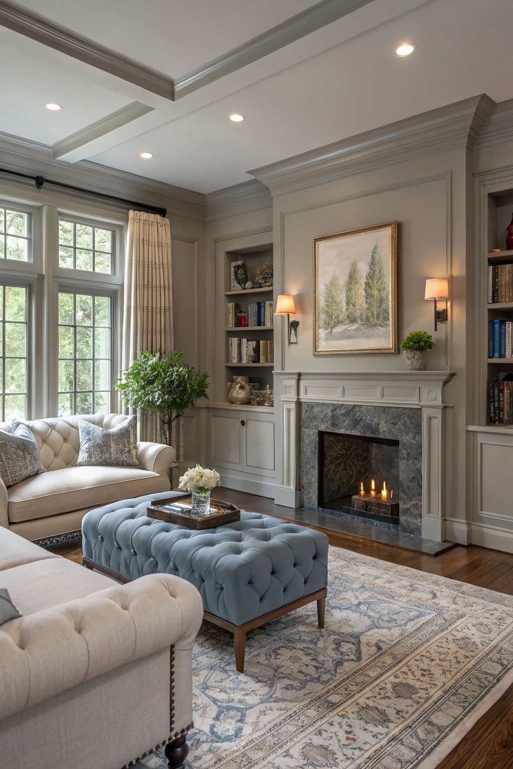 Cozy living room featuring soft greige walls, tufted cream sofa, blue velvet ottoman, gas fireplace with stone surround, built-in bookshelves, and large windows with natural light
