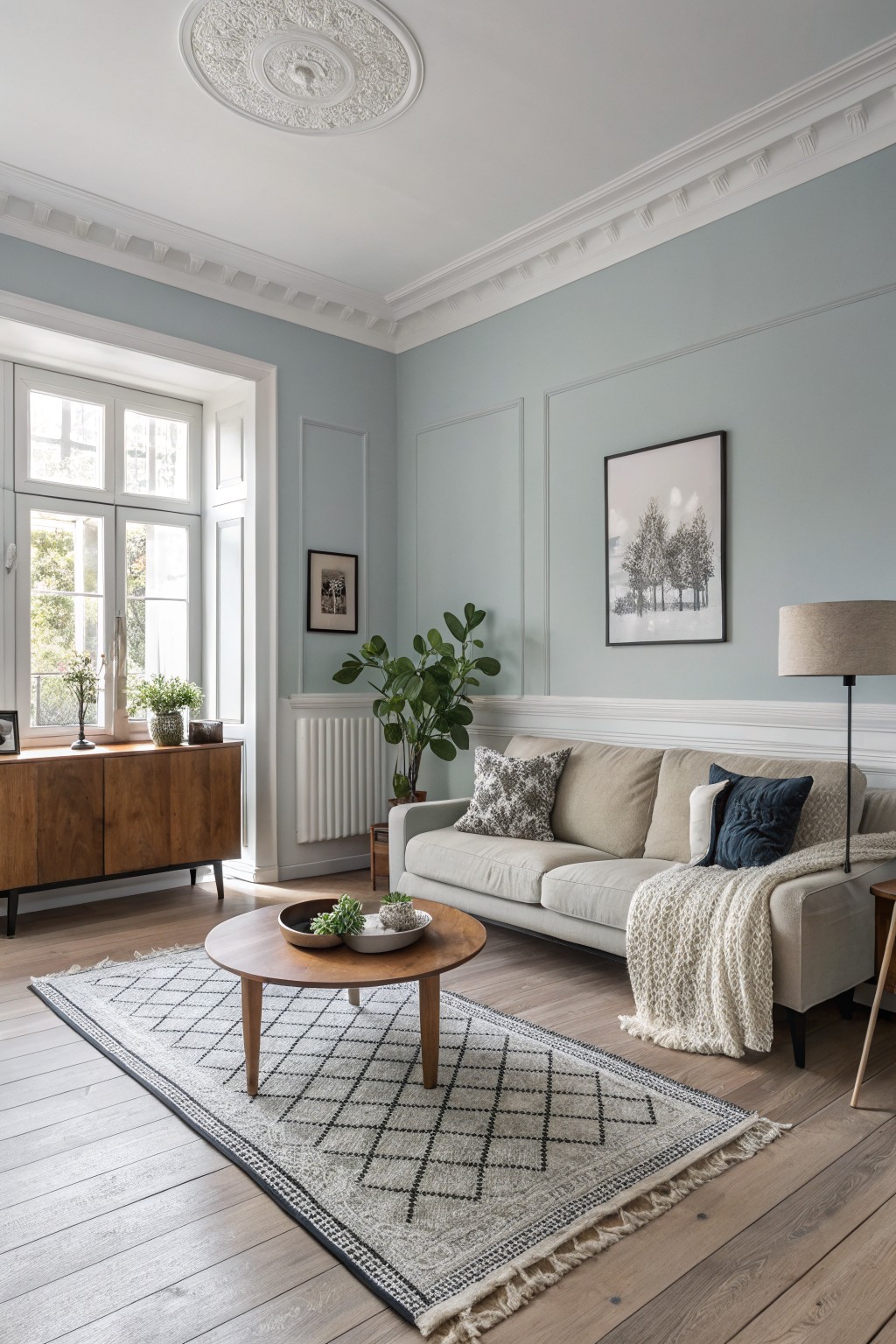 Living room with soft pale blue walls, beige sofa, wood sideboard, plants, and a round coffee table on light wood floors