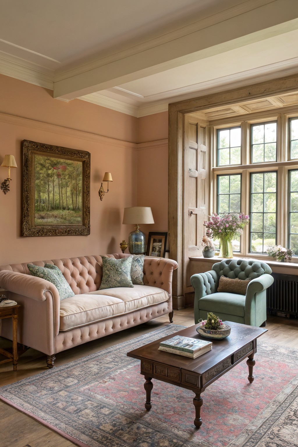 Cozy living room with soft peach walls, pink tufted sofa, green armchair, carved wood table, and tall bay window overlooking greenery