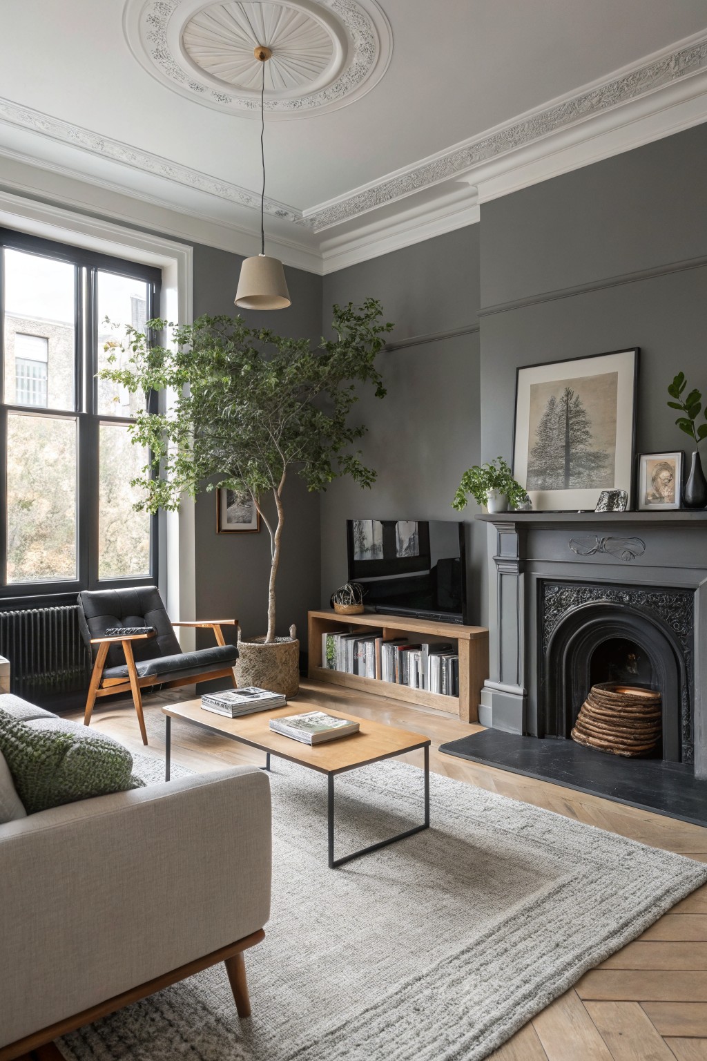 Living room featuring warm gray walls, oak wood floors, black-framed windows, potted tree, leather chair, and fireplace with woven basket.
