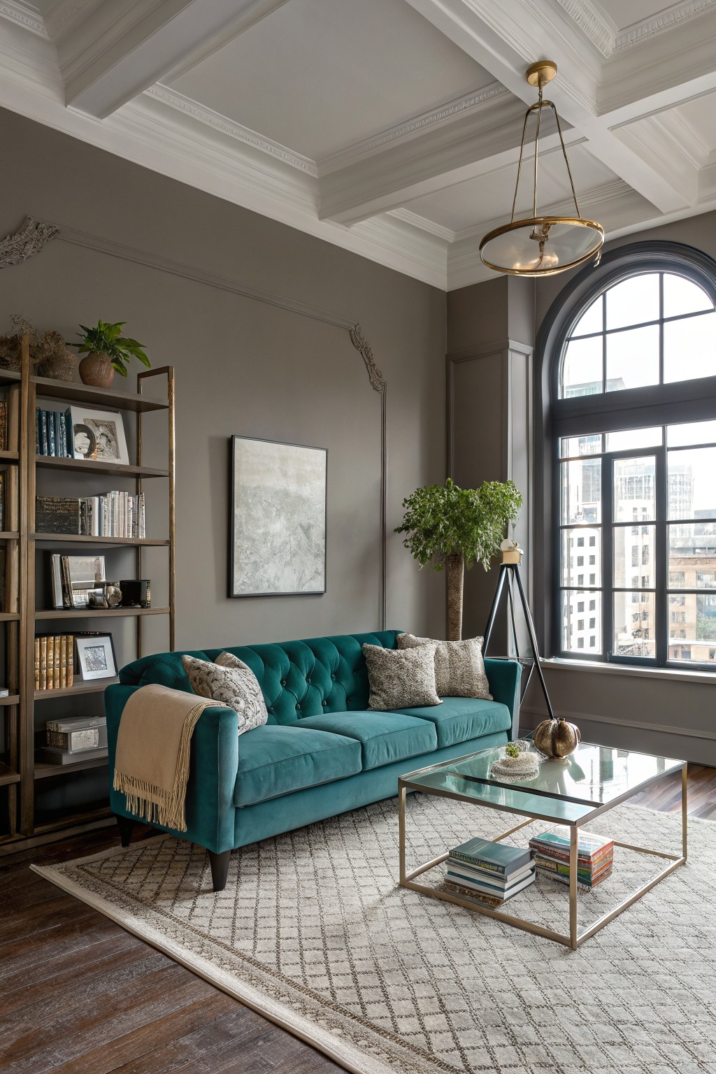Cozy living room featuring warm greige walls, tufted emerald sofa, brass chandelier, and city view windows