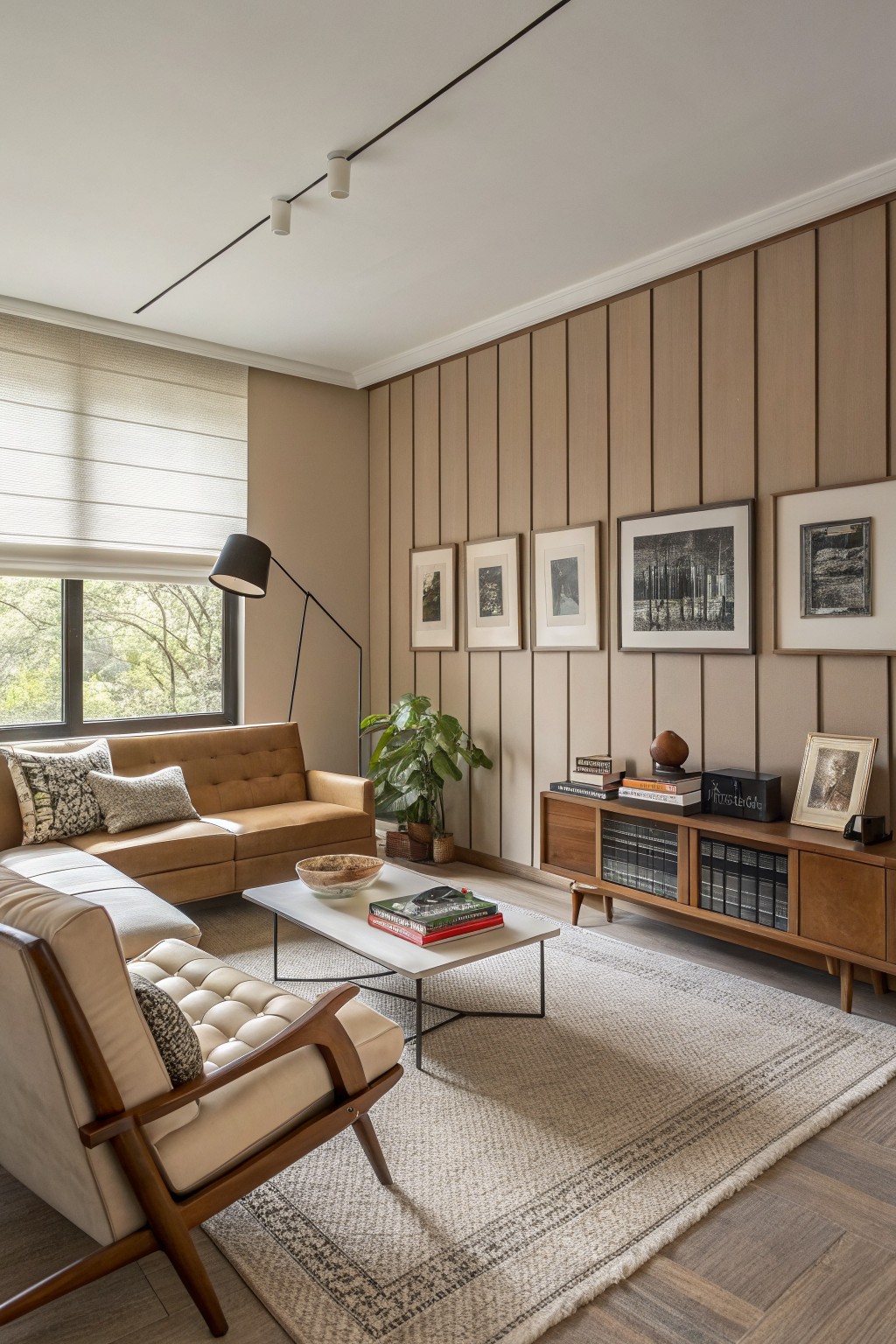 Cozy living room featuring warm greige walls with vertical wood paneling, tan leather sofa, midcentury chairs, credenza with books, large window with trees outside