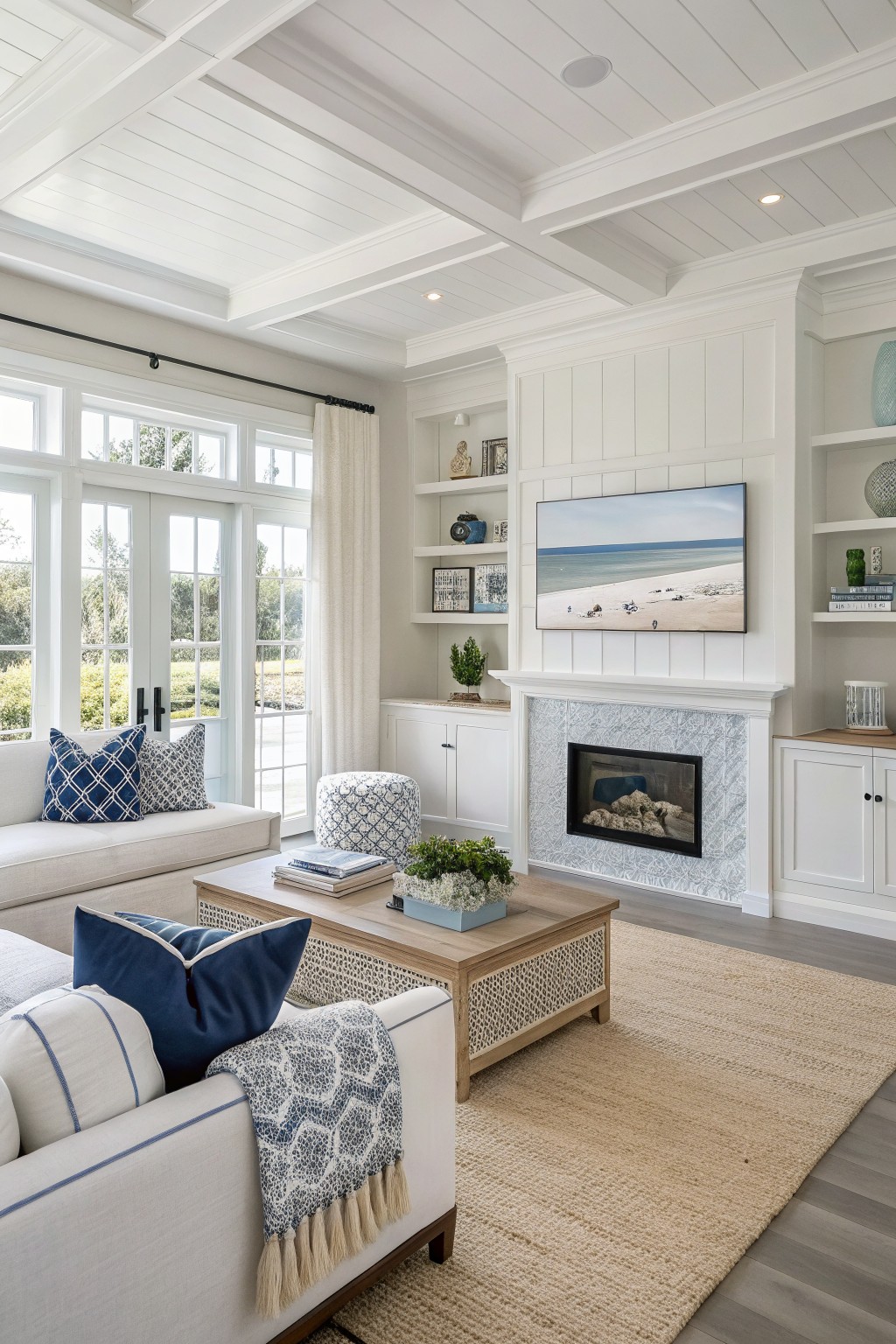Bright living room with crisp white shiplap walls and trim blue tiled fireplace large windows and white sofa with blue pillows