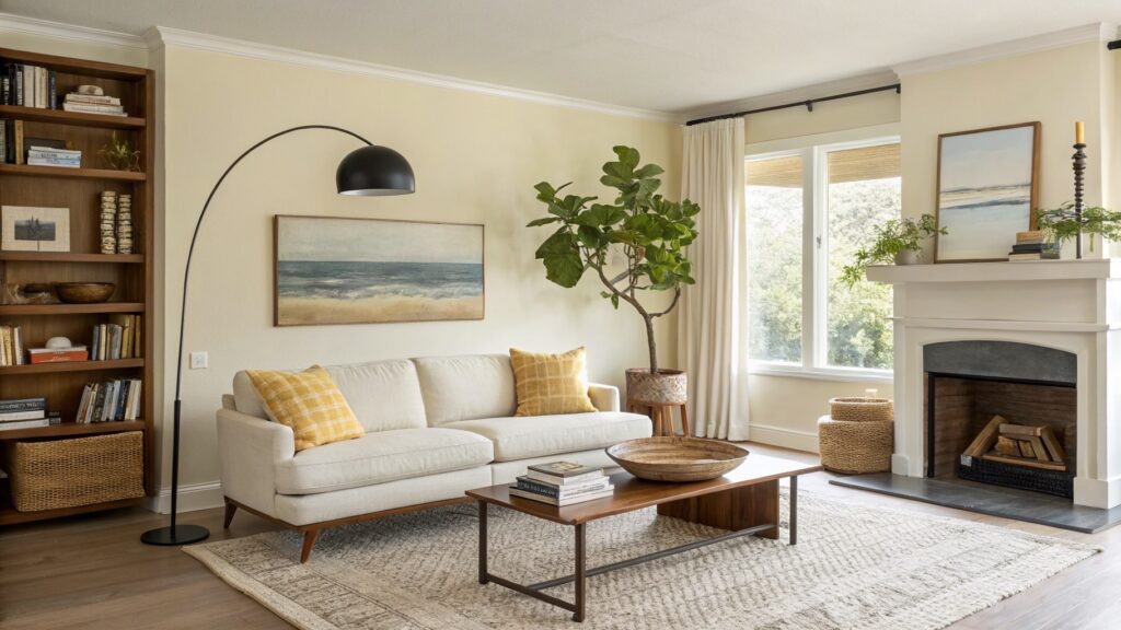 Living room with warm beige walls, white arched fireplace, beige sofa, rattan chair, wood floors, and large abstract painting above mantel