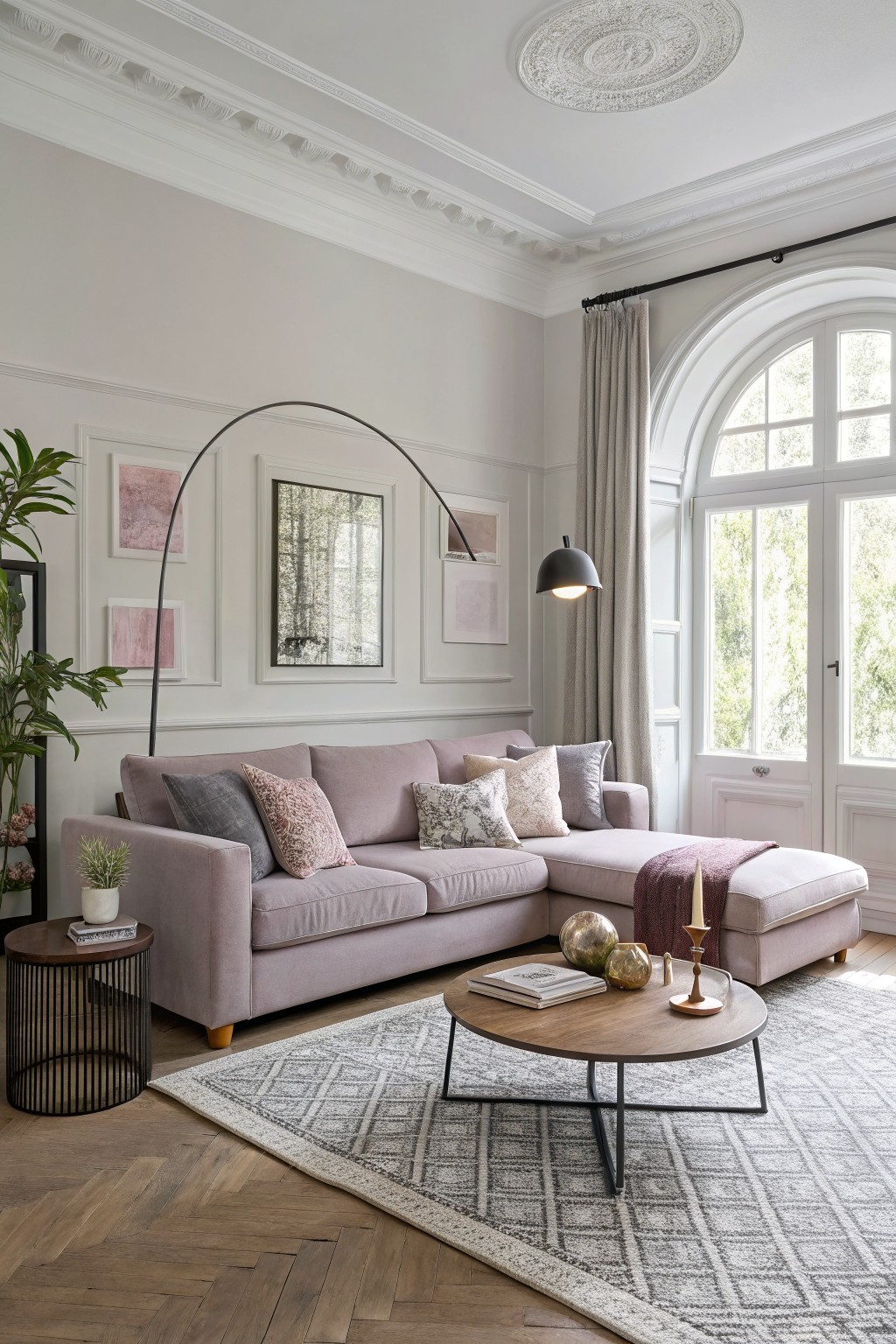 Light greige walls in a traditional living room with pink sofa, wood floors, arched windows, and neutral decor for a calm neutral vibe