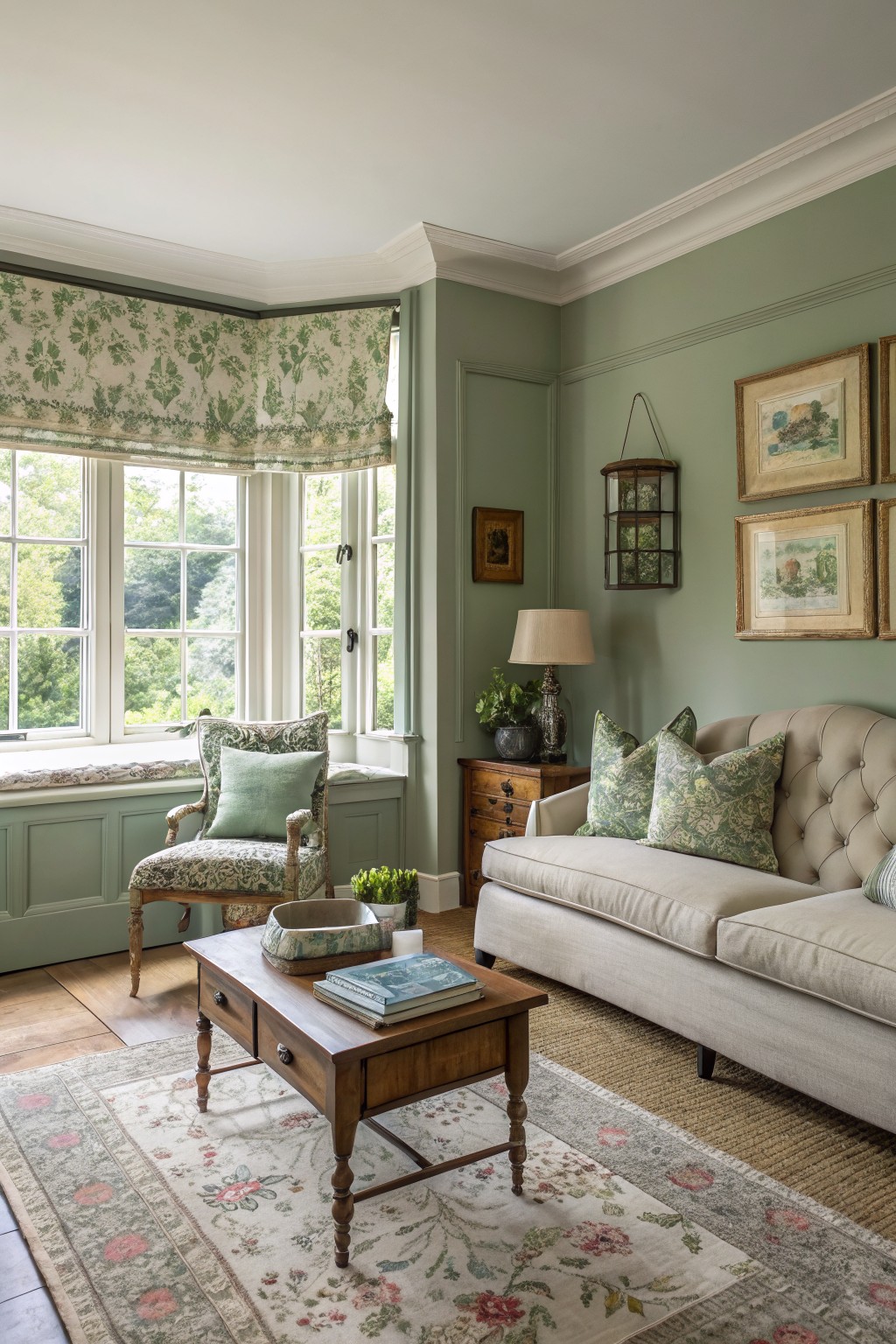 Pale sage green living room walls with cream sofa, wing chair, wood side tables, and floral rug by bay window