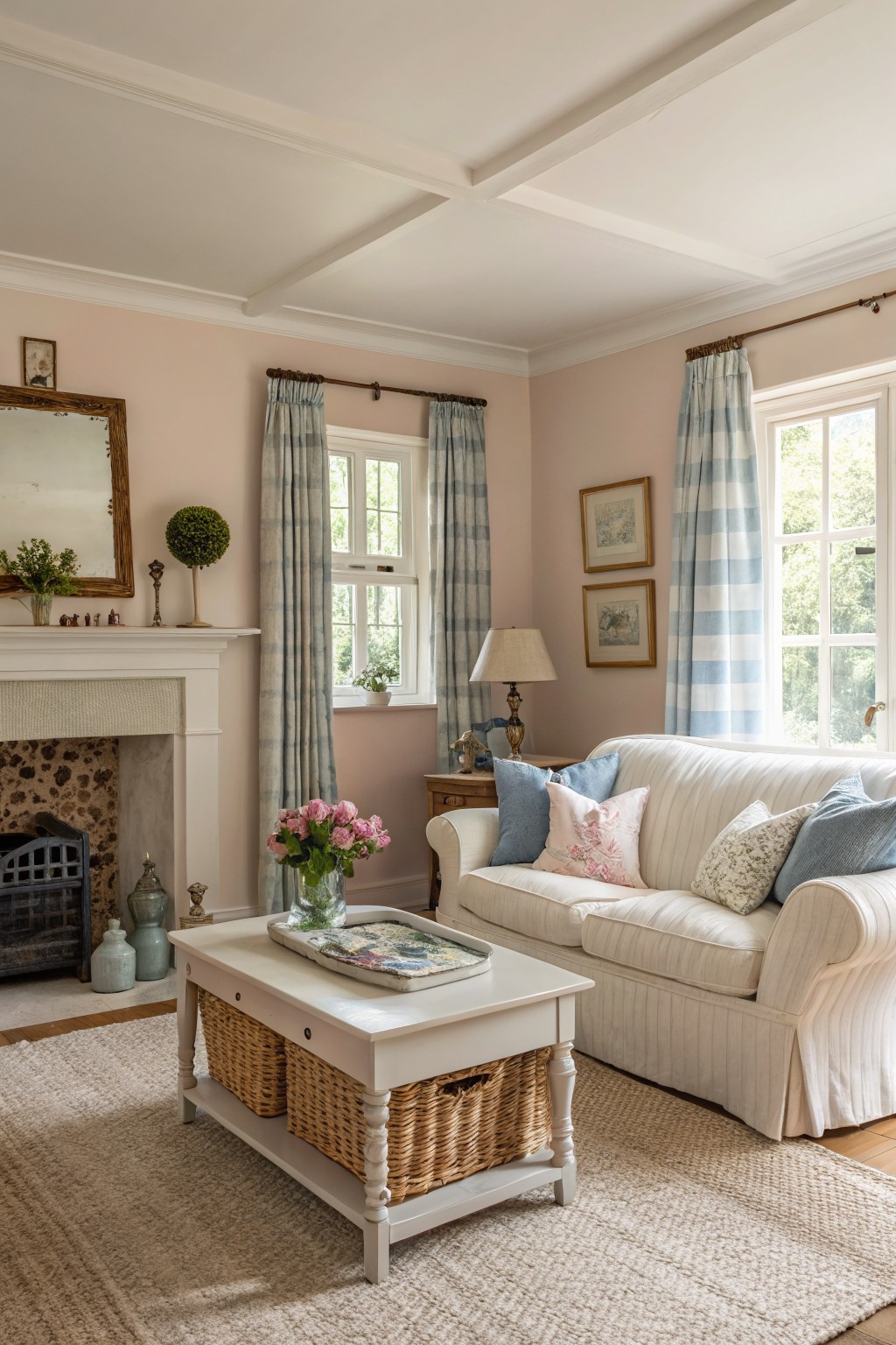 Living room with pale blush pink walls, white sofa with blue pillows, low coffee table, and fireplace
