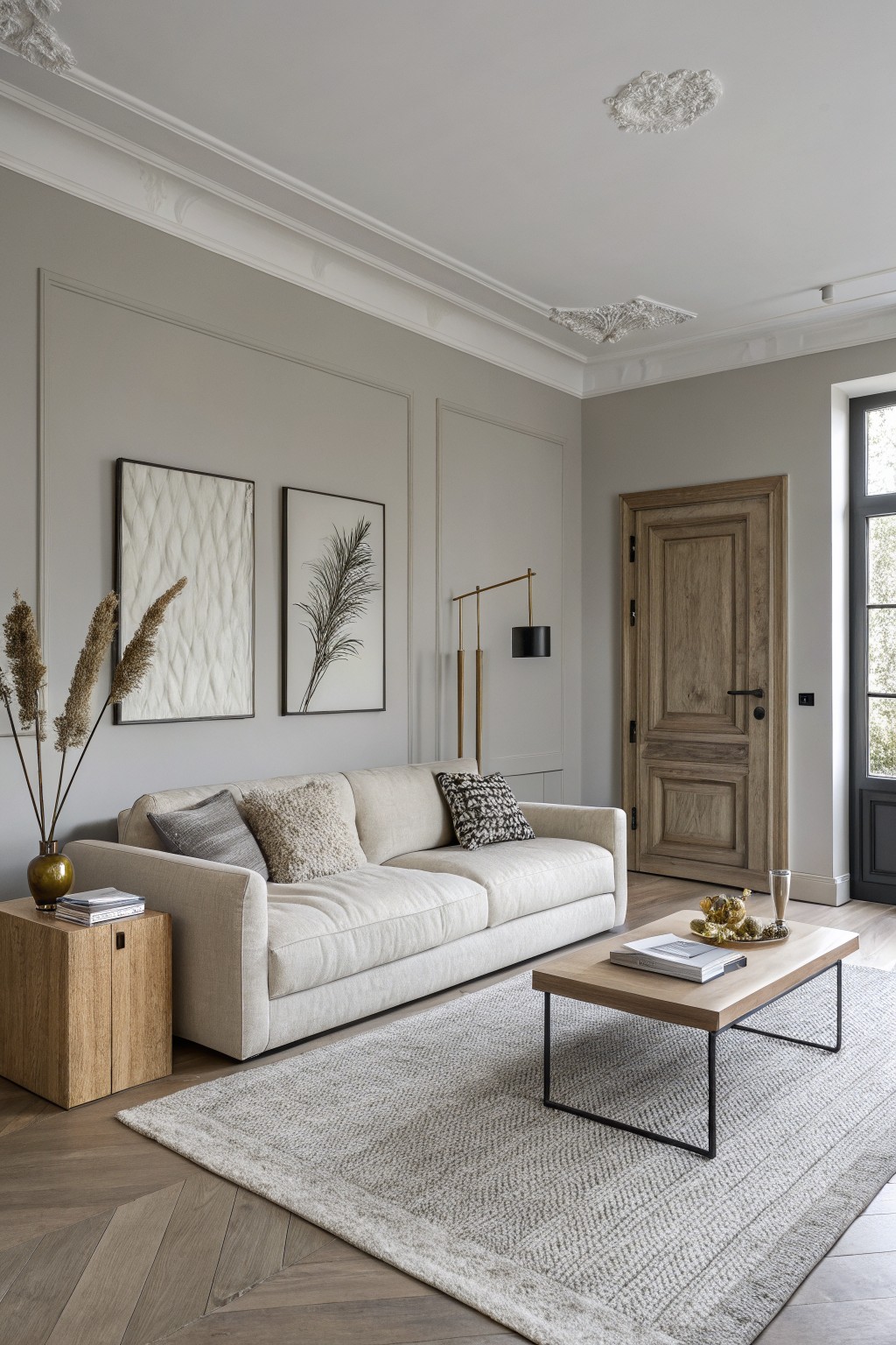 Living room with soft greige walls, beige sofa, wood coffee table, potted pampas grass, and herringbone floors