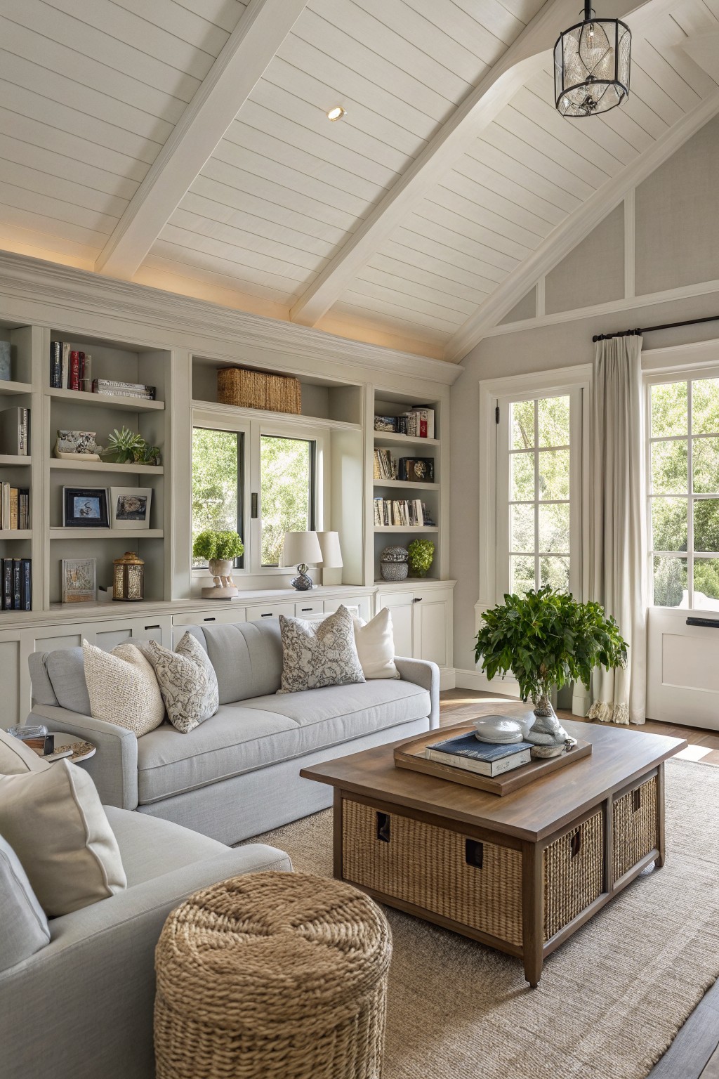 Living room with pale greige walls and cabinets, white shiplap ceiling, built-in bookshelves, gray sofa, wood coffee table, woven elements, and large windows overlooking greenery