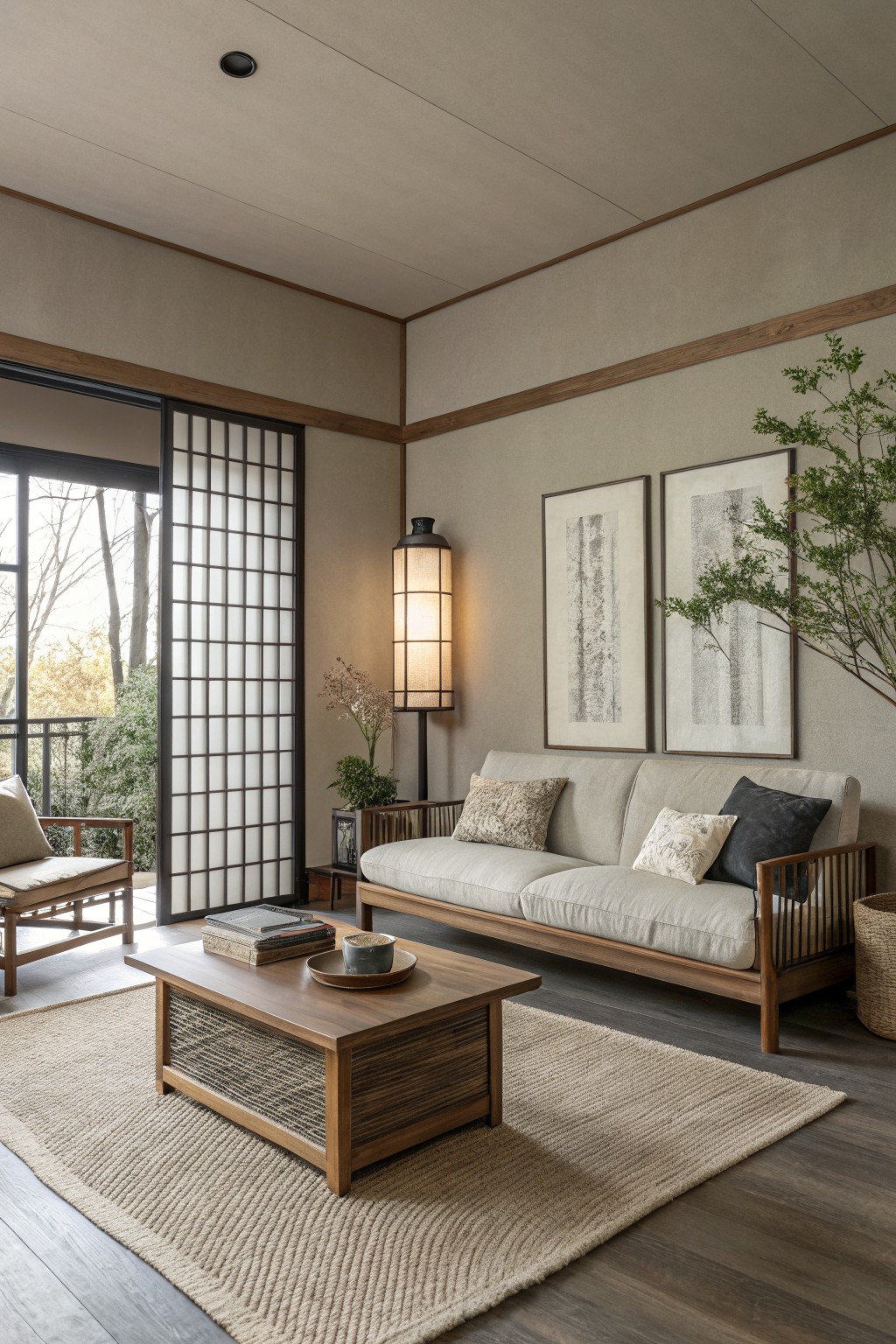 Serene living room with soft greige walls, wooden sofa and low table, shoji screens opening to autumn balcony view, neutral art and potted plants