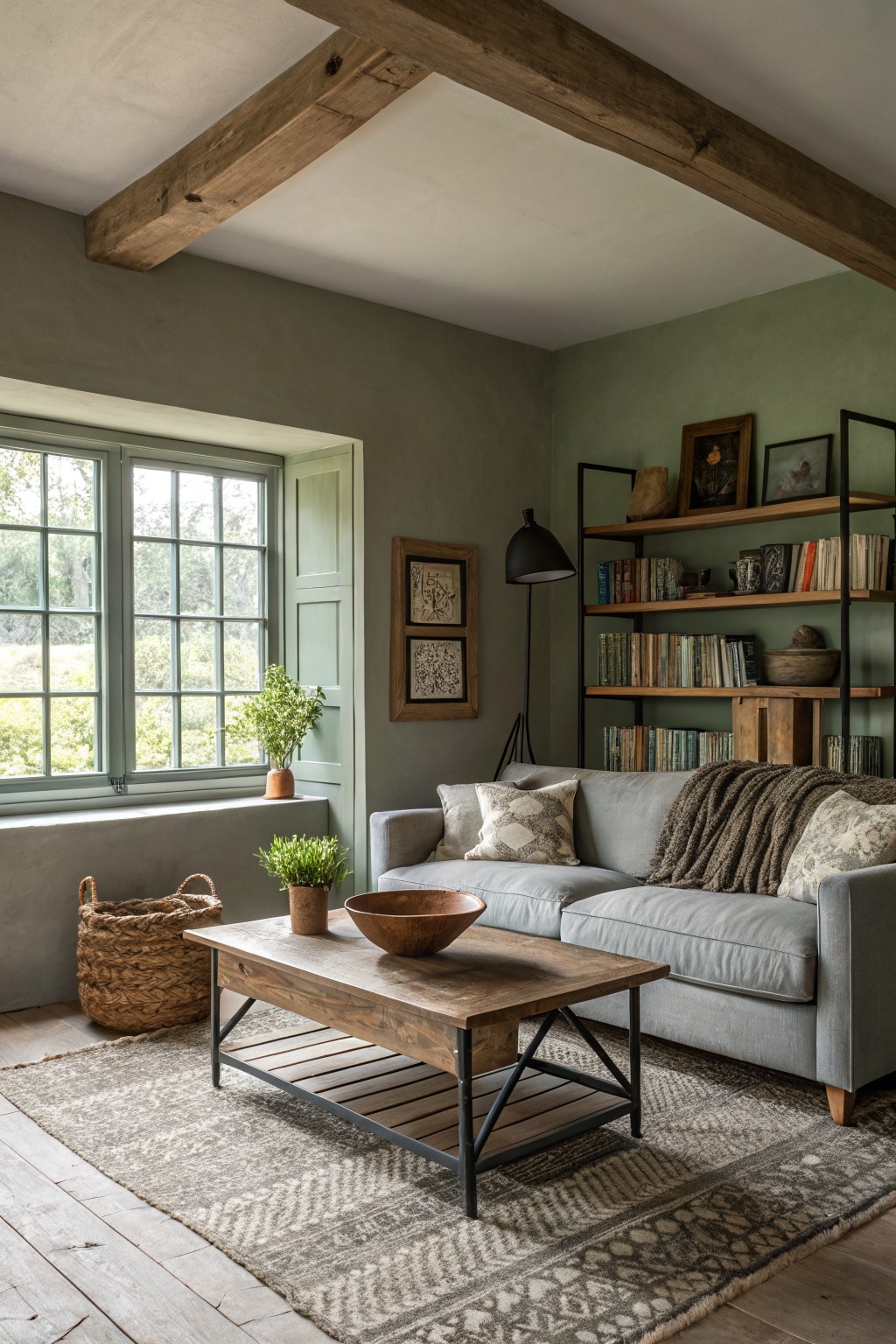 Living room featuring soft sage green walls, gray linen sofa with throw pillows and blanket, black metal coffee table, wooden bowls, potted plants, bookshelves, and a large window with green shutters
