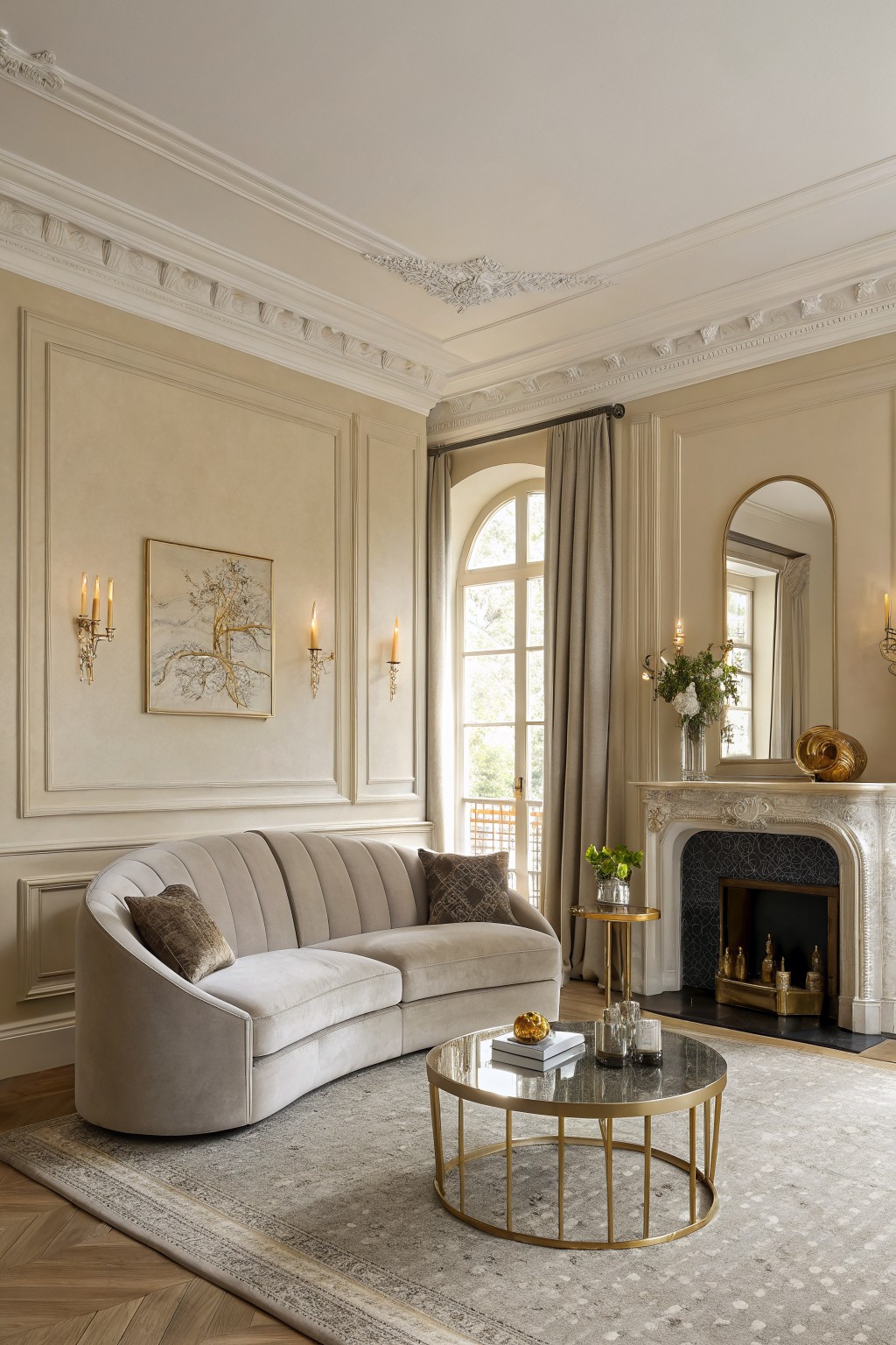 Elegant living room featuring soft warm beige walls, curved tufted sofa, gold coffee table, ornate fireplace, and arched windows with neutral drapes