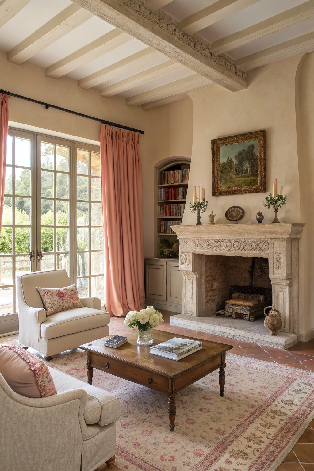 Living room with warm beige plaster walls, exposed wood beams, ornate stone fireplace, and cream armchairs around a wood coffee table