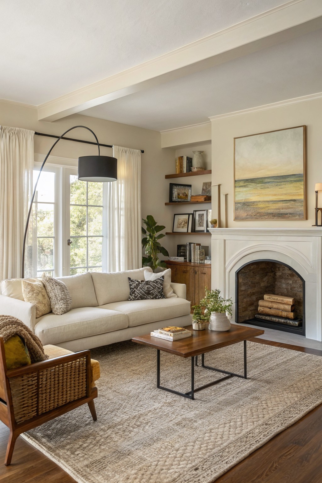 Living room with warm beige walls, white arched fireplace, beige sofa, rattan chair, wood floors, and large abstract painting above mantel