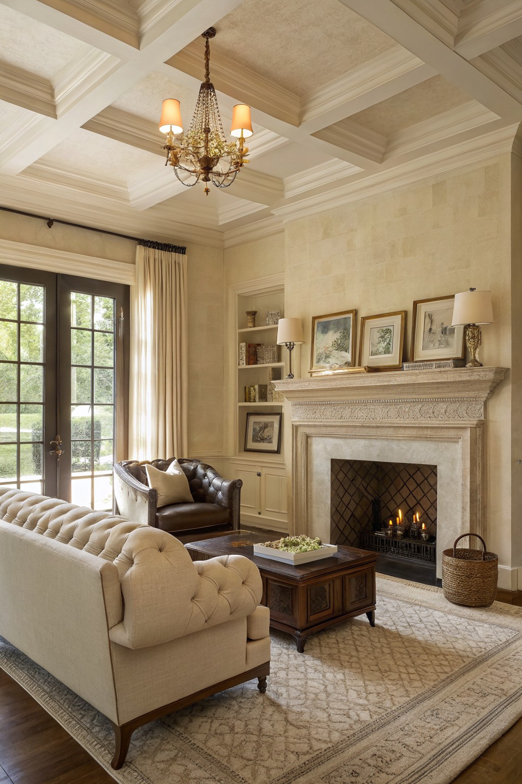 Living room featuring warm creamy beige textured walls, tufted cream sofa, leather armchair, ornate fireplace, chandelier, and large windows with cream drapes