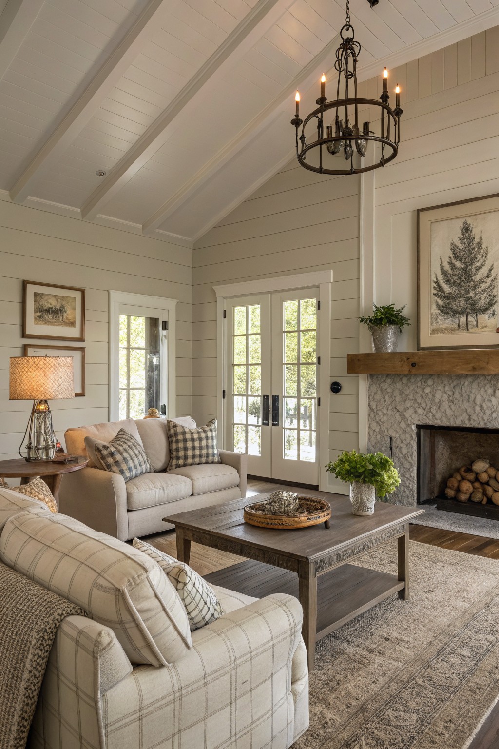 Living room featuring warm greige shiplap walls, plaid sofa, wood coffee table, fireplace with greenery, and iron chandelier under vaulted white ceiling